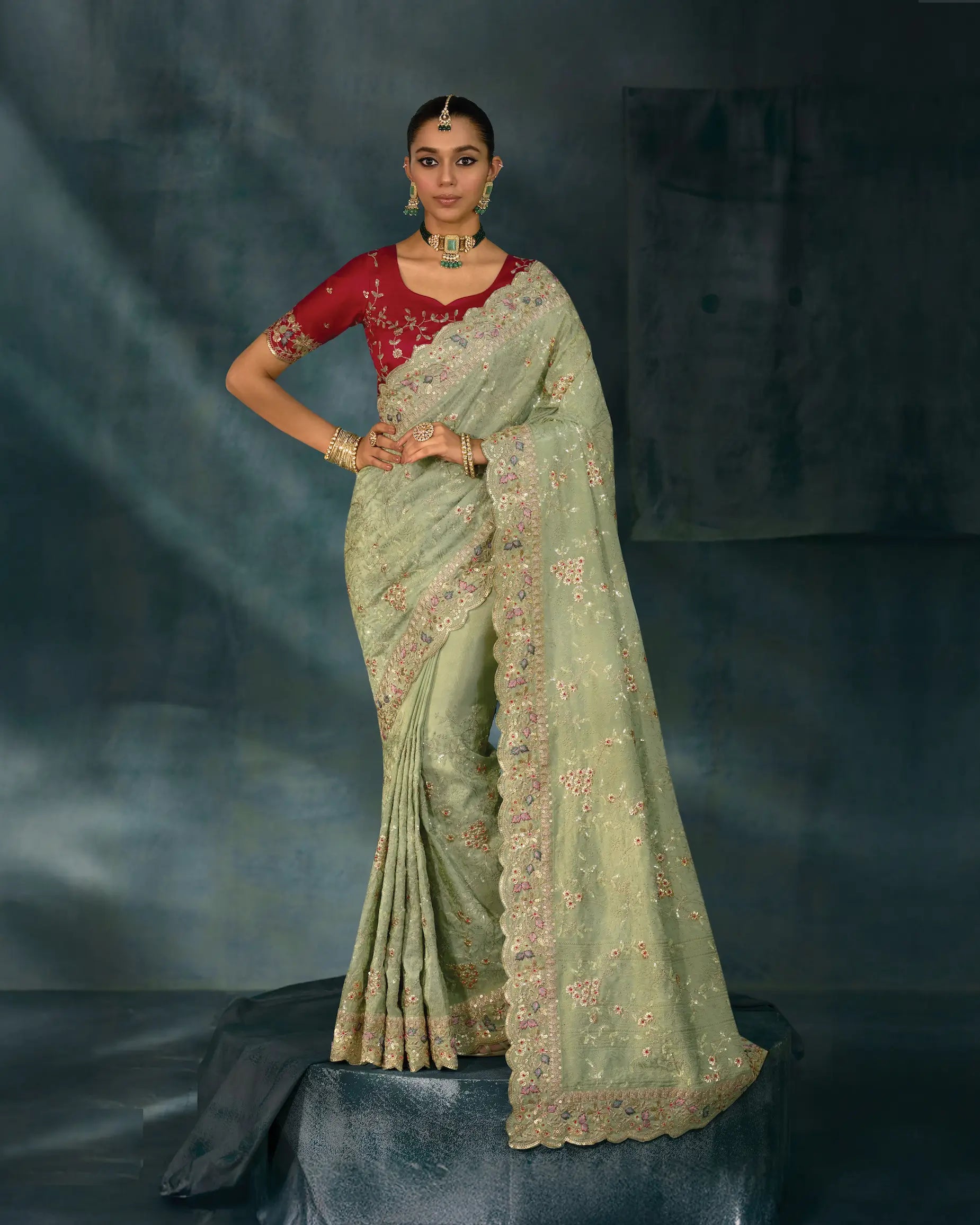 Pastel Green Heavy Embroidery & Hand Work Silk Saree - qivii