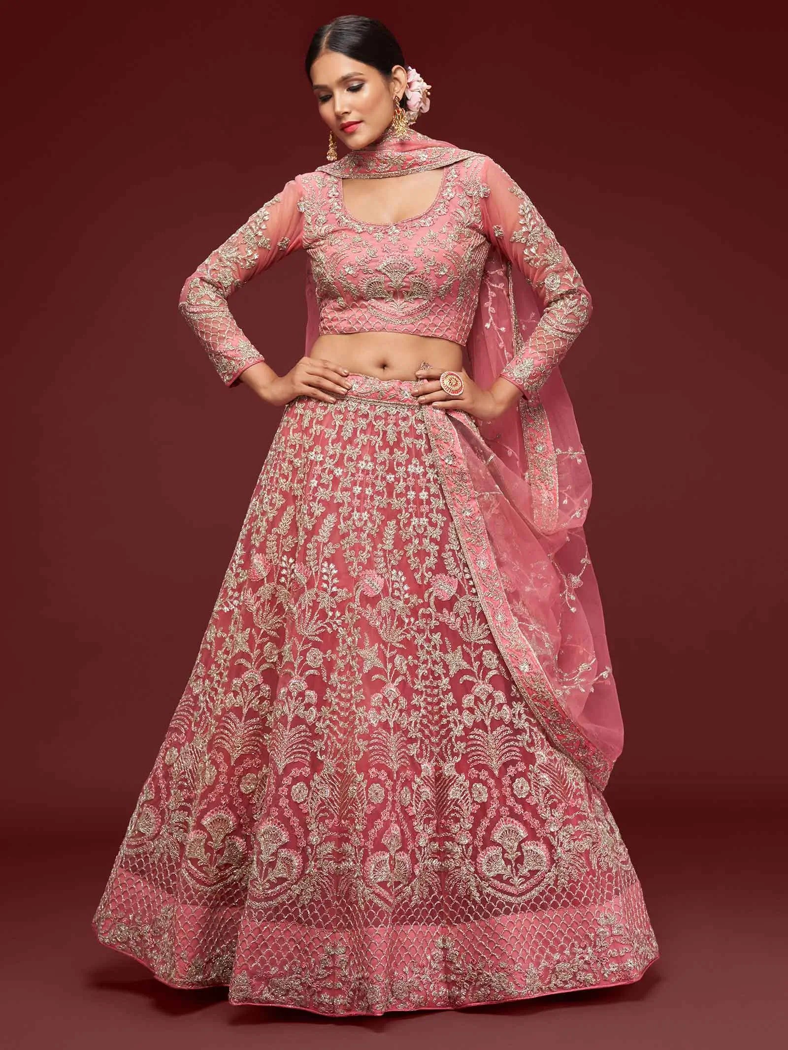 Fantasy Rose Soft Net Lehenga With Thread Zari Badla And Glitter Dori Embroidery Work | Ready To Wear - qivii