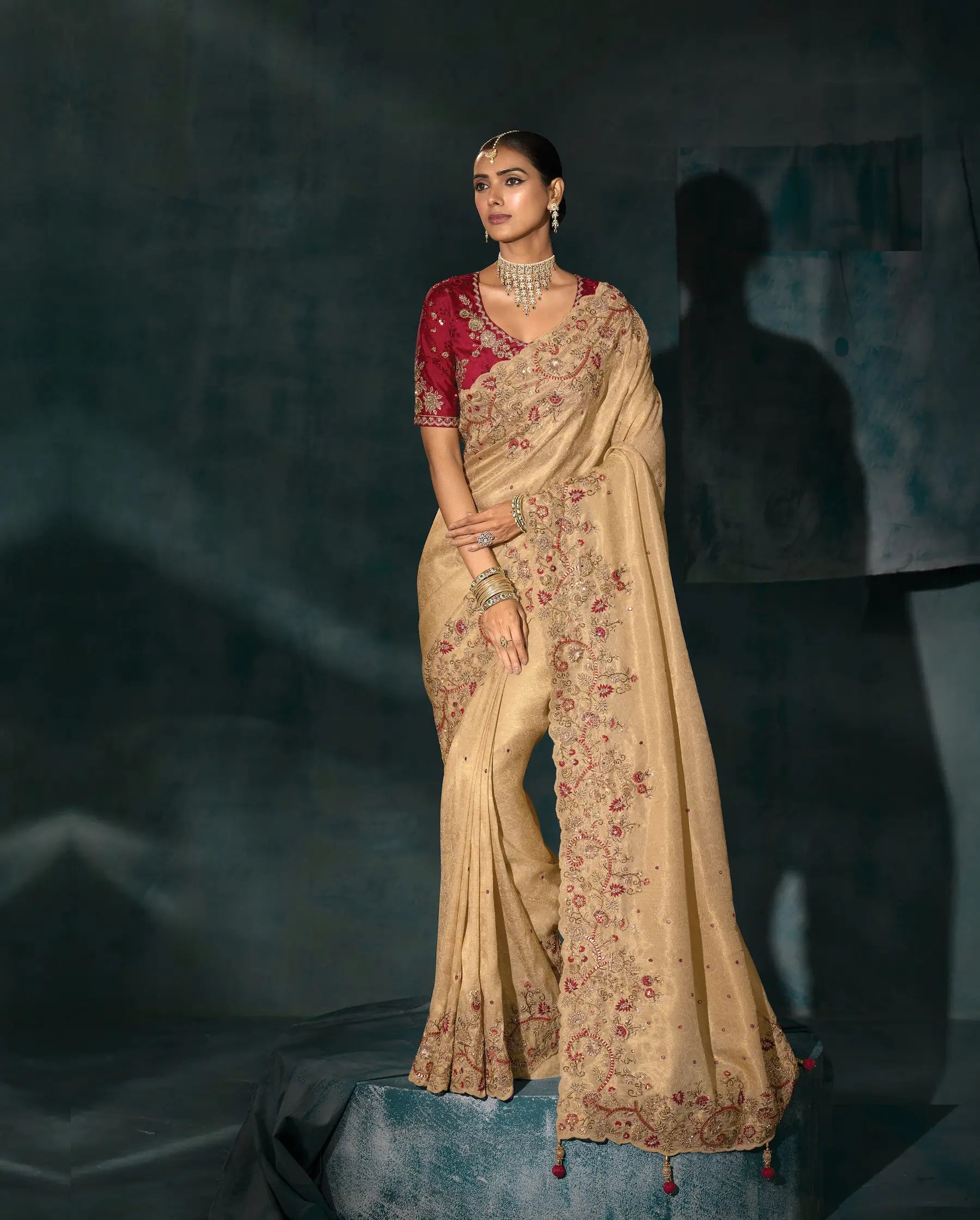 Dark Beige Heavy Embroidery & Hand Work Silk Saree - qivii
