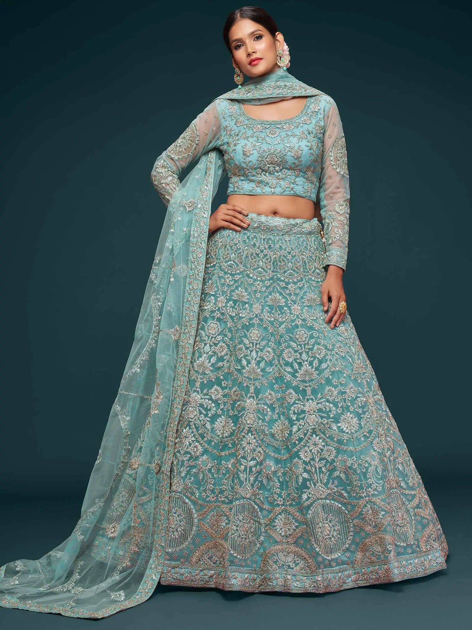 Ocean Aqua Soft Net Lehenga With Thread Zari Badla And Glitter Dori Embroidery Work | Ready To Wear - qivii