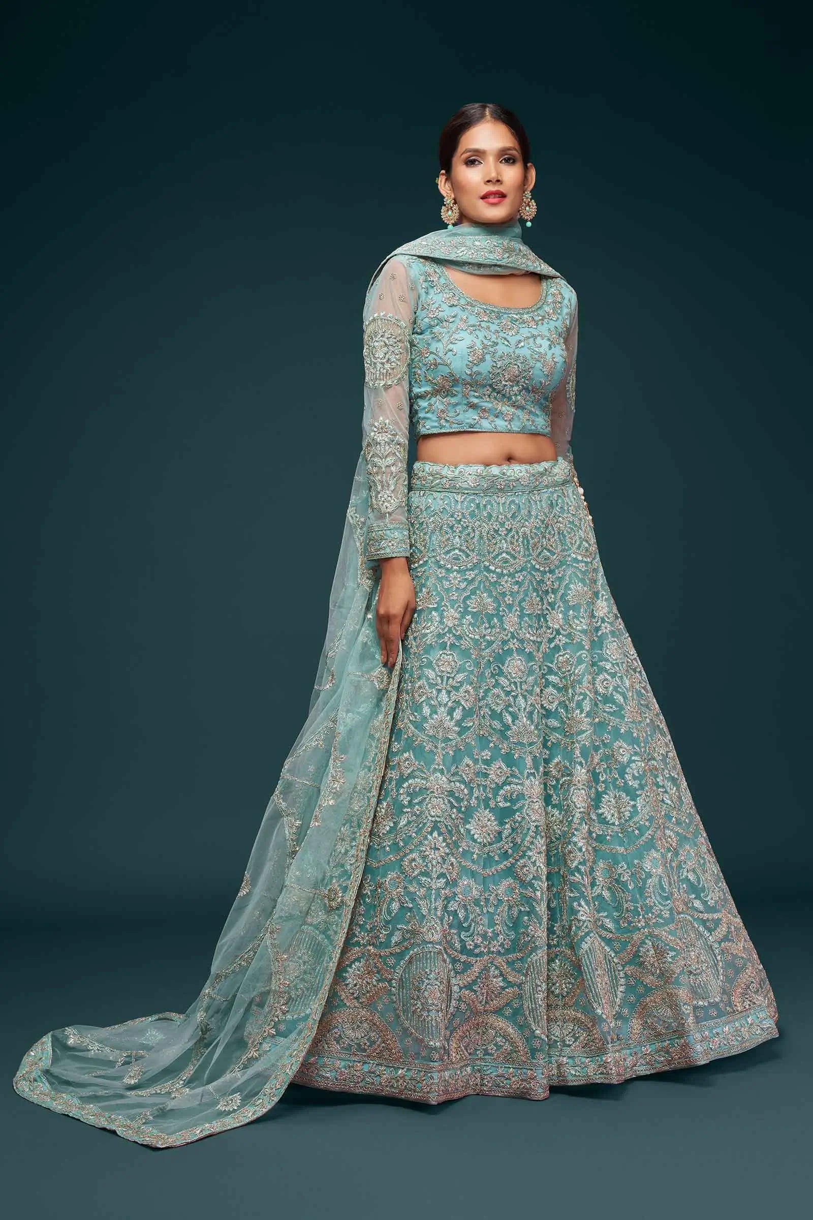 Ocean Aqua Soft Net Lehenga With Thread Zari Badla And Glitter Dori Embroidery Work | Ready To Wear - qivii