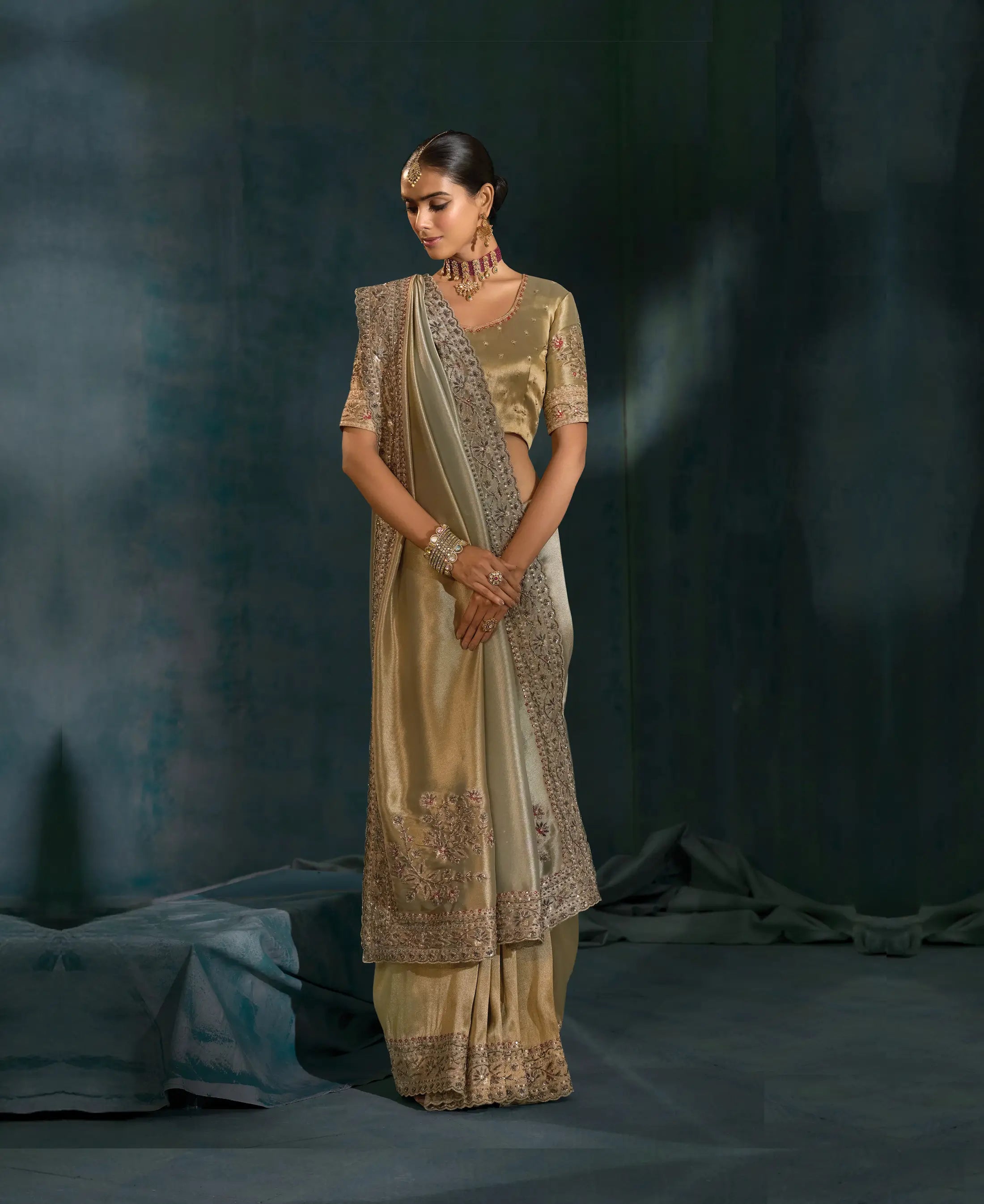 Shaded Olive Grey Heavy Embroidery & Hand Work Silk Saree - qivii