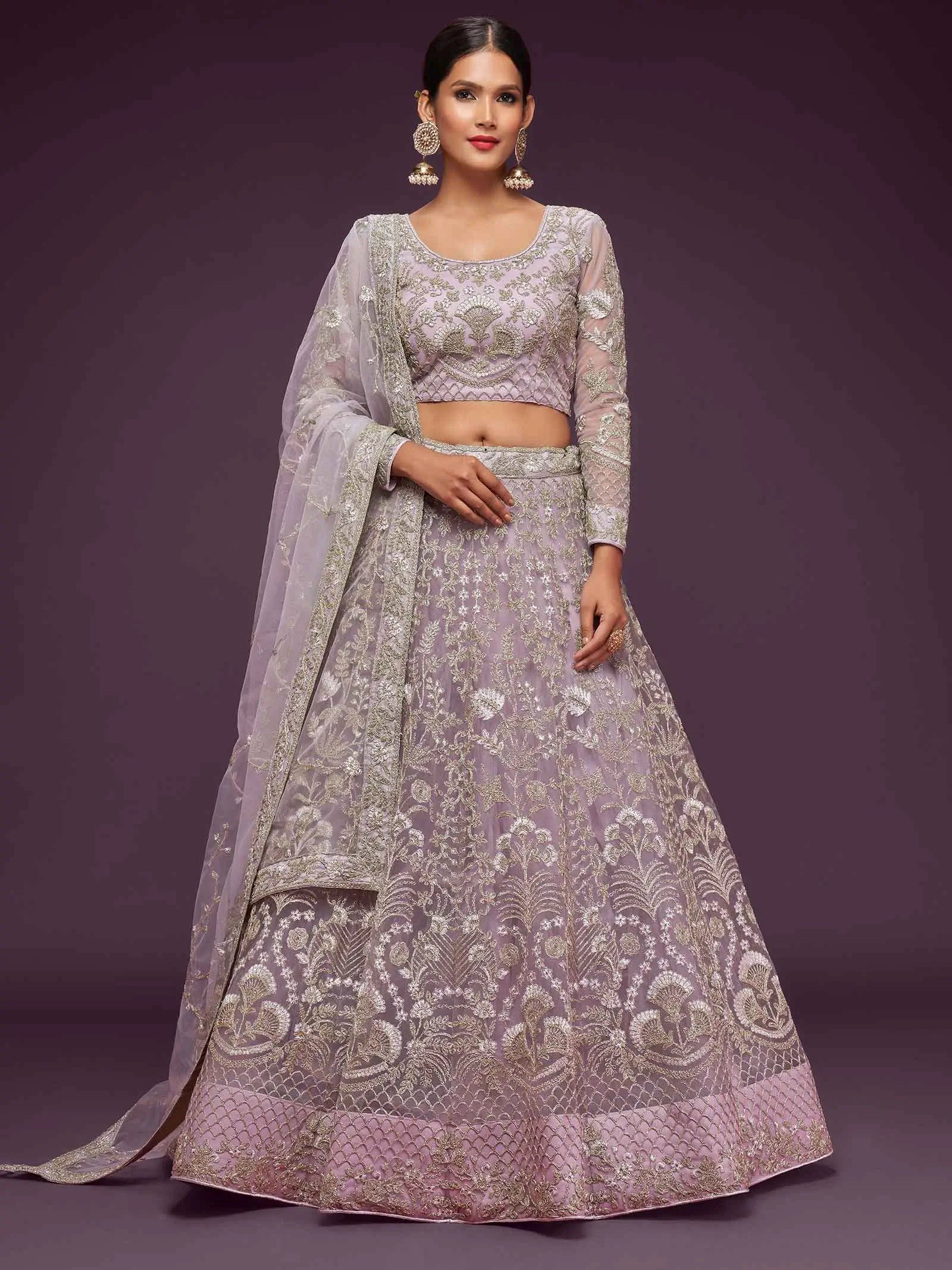 Dusky Orchid Soft Net Lehenga With Thread Zari Badla And Glitter Dori Embroidery Work | Ready To Wear - qivii