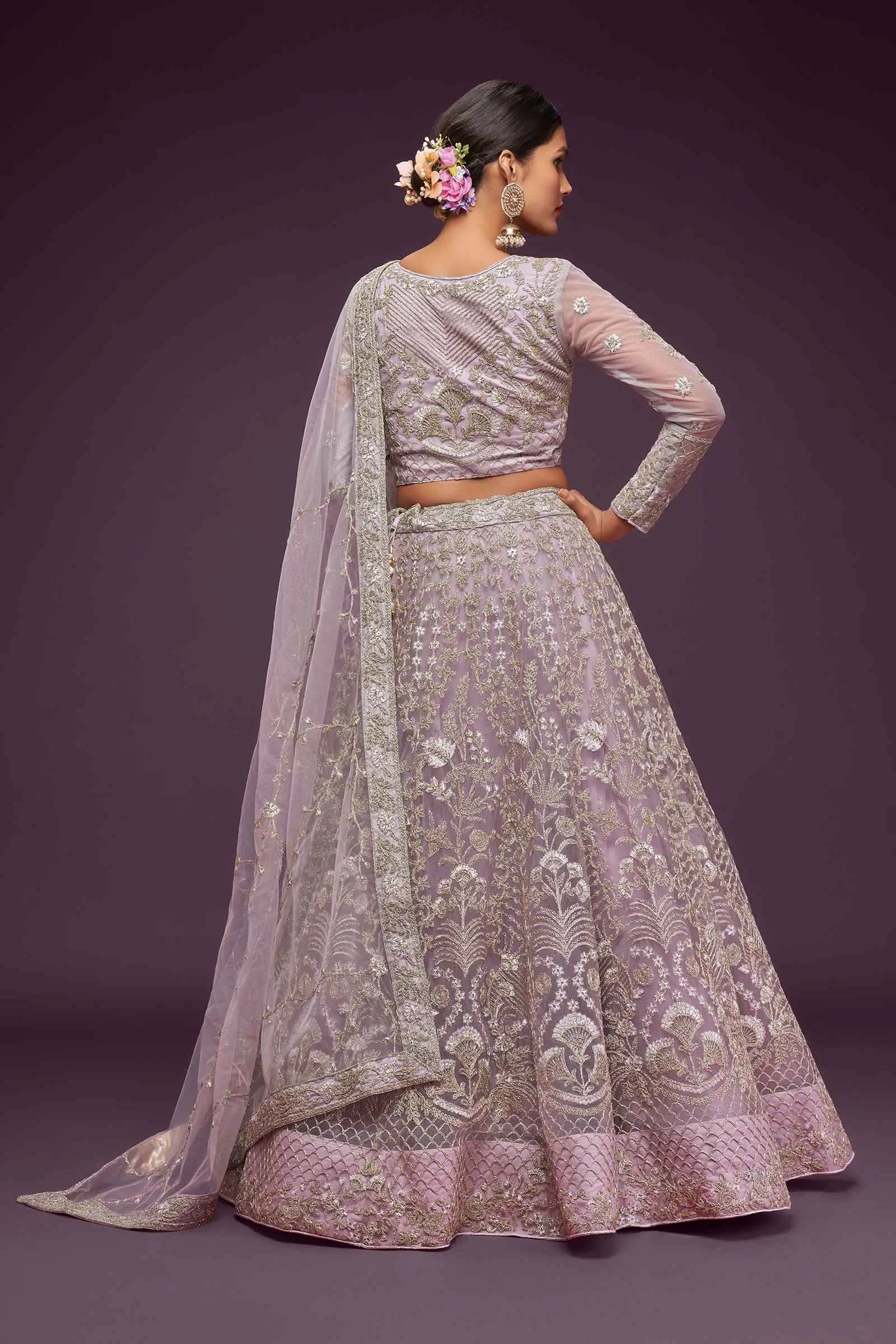 Dusky Orchid Soft Net Lehenga With Thread Zari Badla And Glitter Dori Embroidery Work | Ready To Wear - qivii