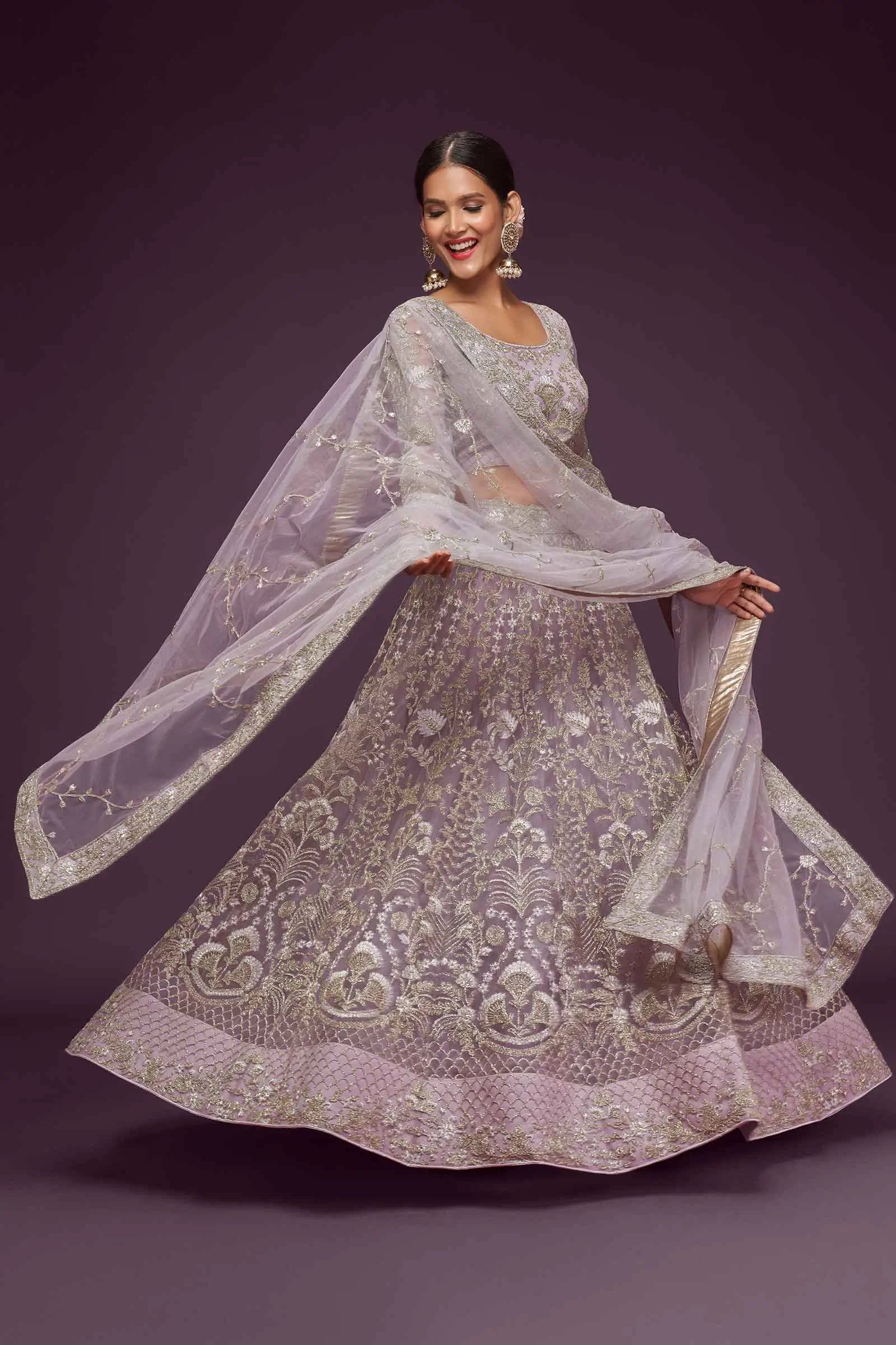 Dusky Orchid Soft Net Lehenga With Thread Zari Badla And Glitter Dori Embroidery Work | Ready To Wear - qivii