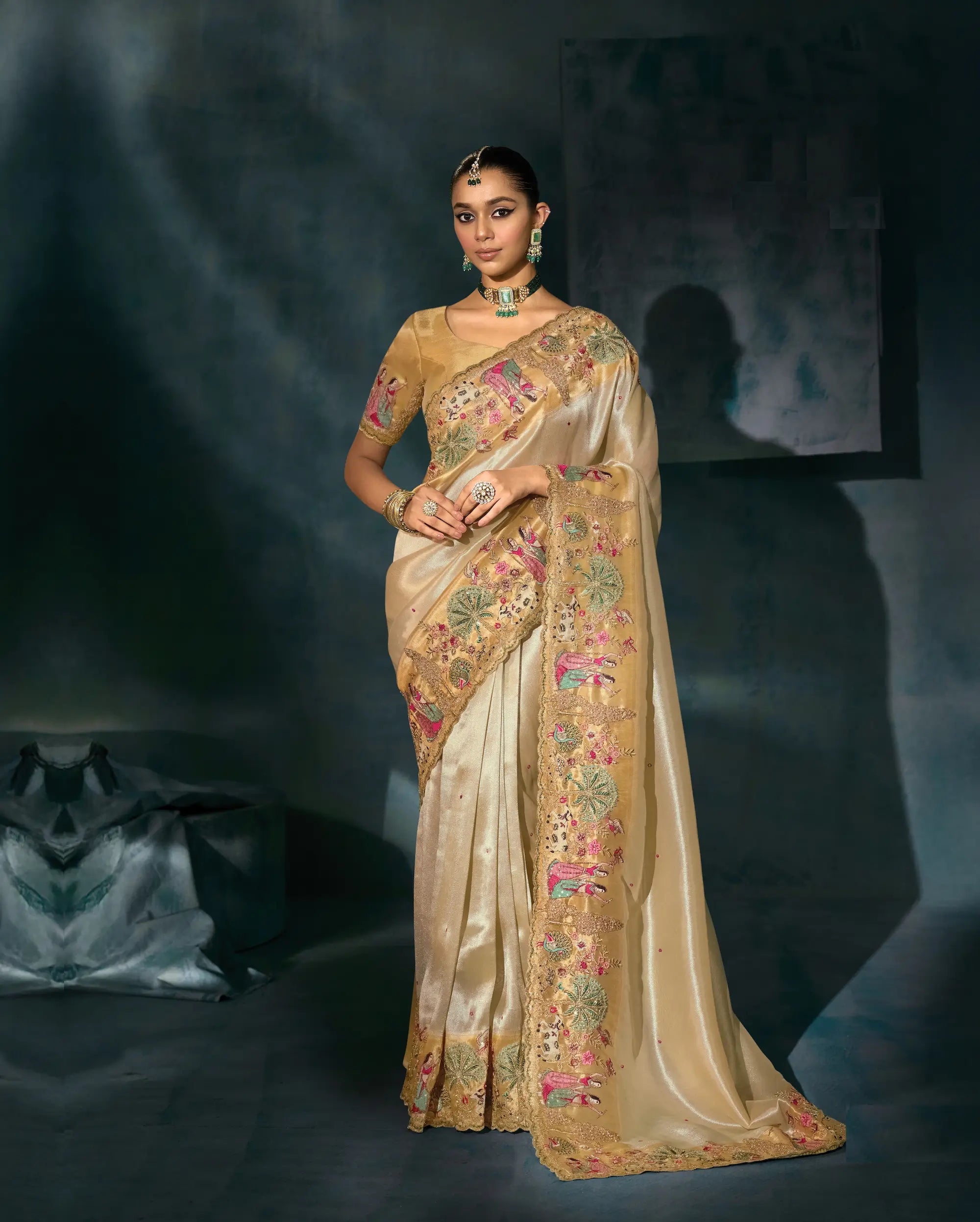 Shiney Beige Heavy Embroidery & Hand Work Silk Saree - qivii