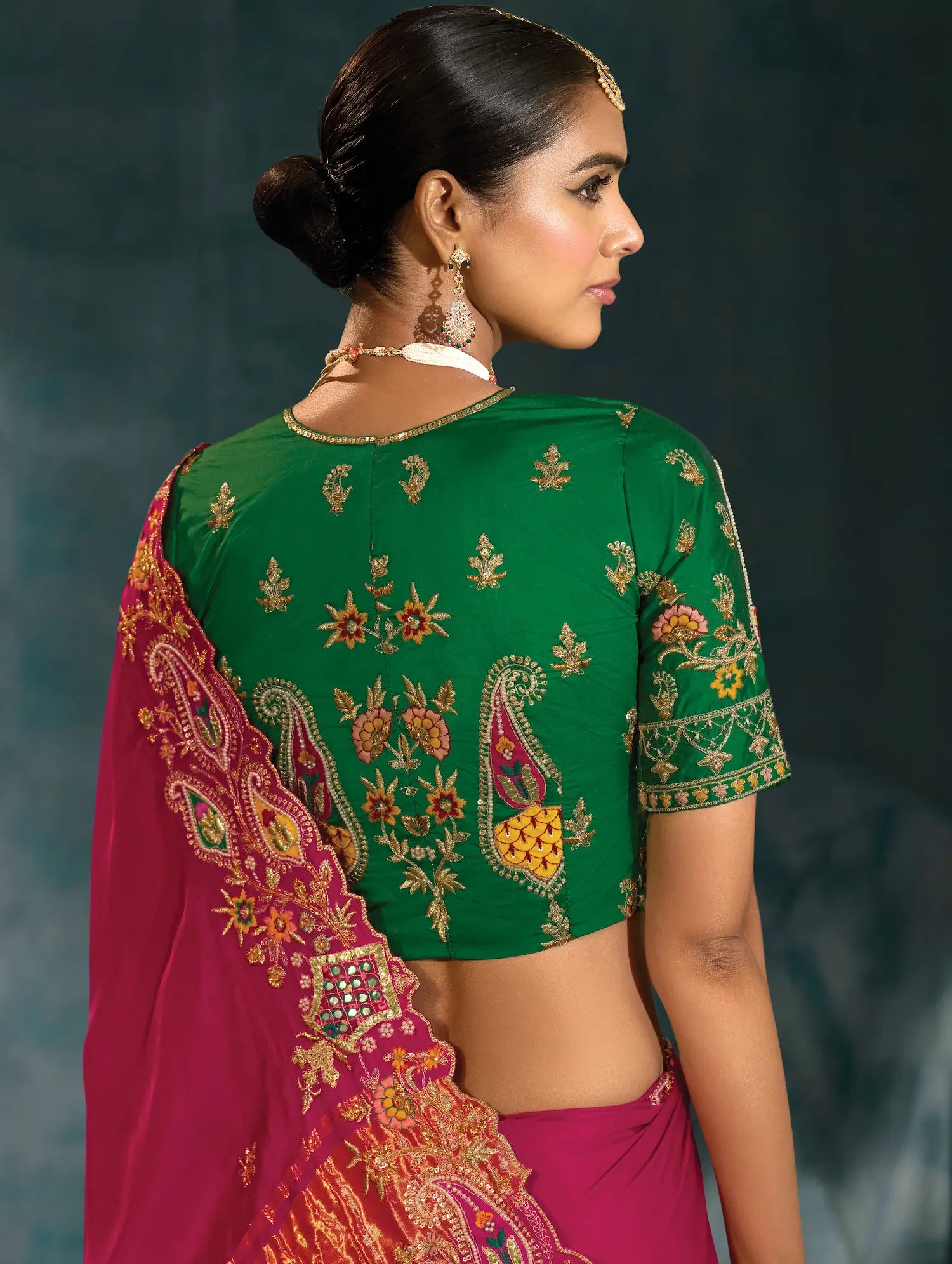 Rani Pink Heavy Embroidery & Hand Work Silk Saree - qivii