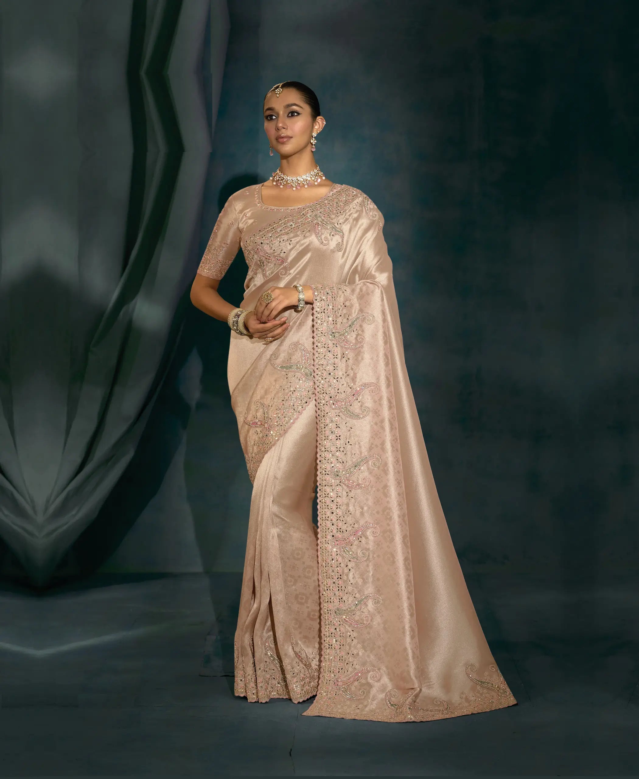 Powder Pink Heavy Embroidery & Hand Work Silk Saree - qivii