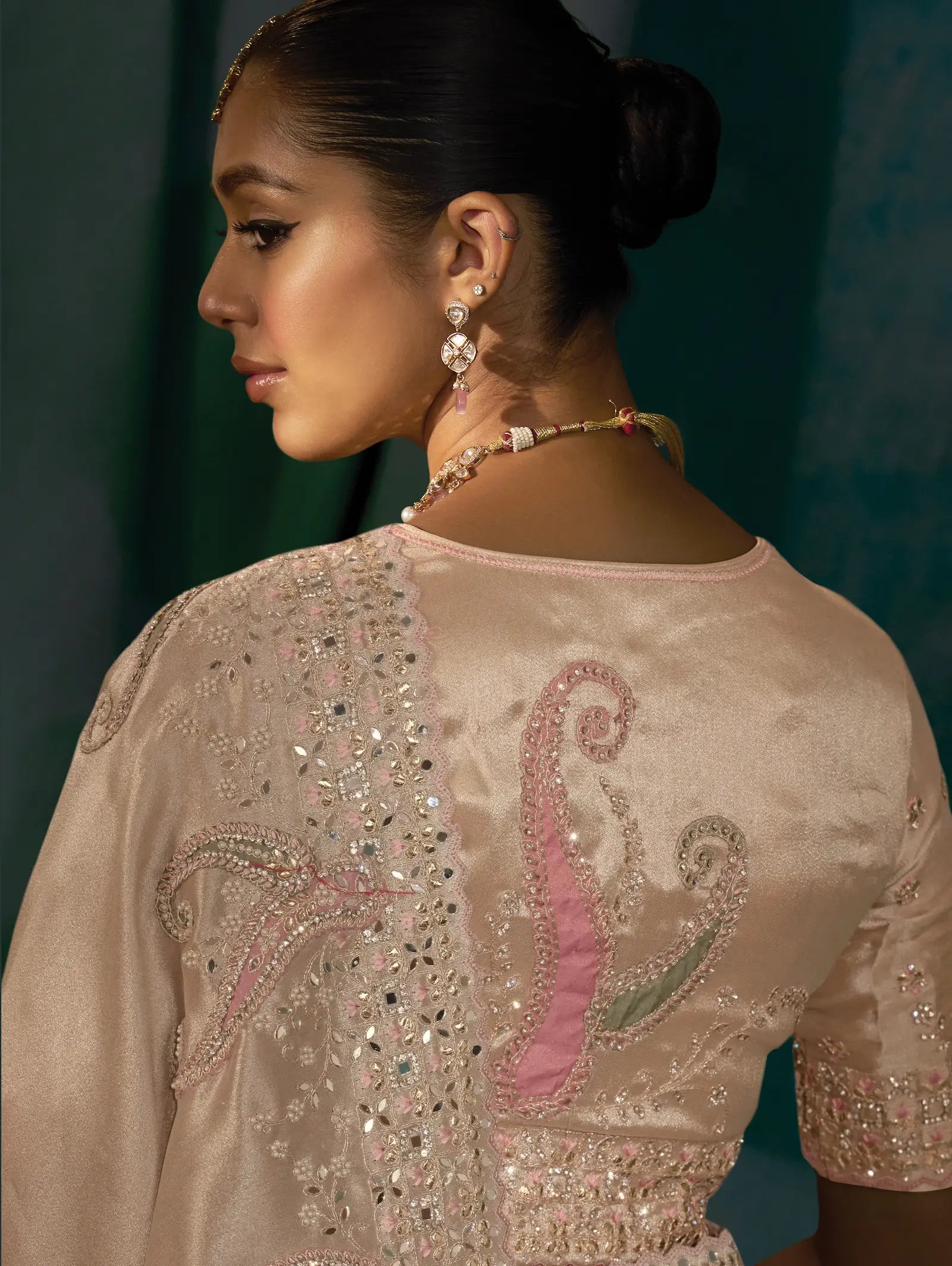 Powder Pink Heavy Embroidery & Hand Work Silk Saree - qivii