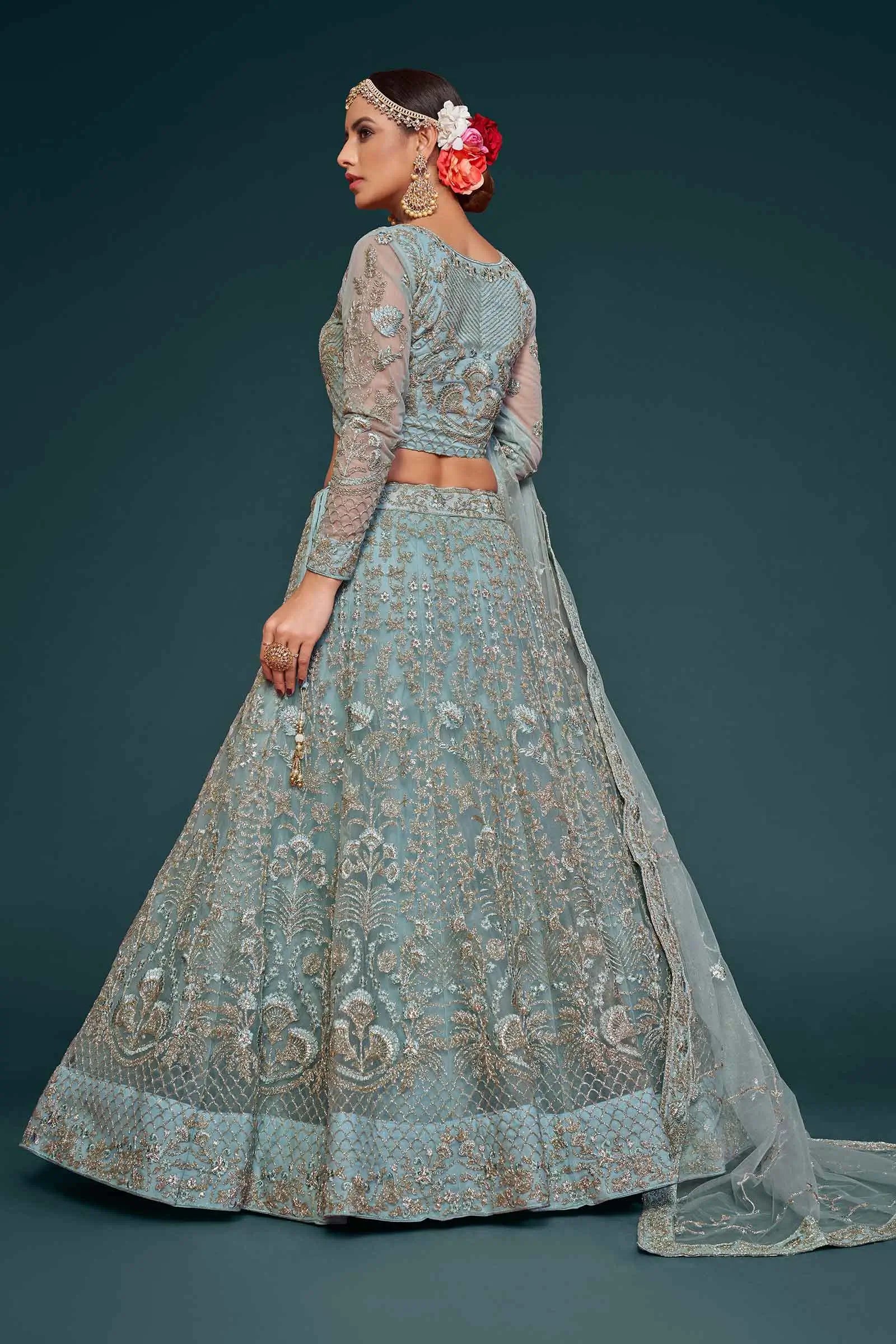 Ocean Aqua Thread Zari Badla And Glitter Dori Embroidery Work Soft Net Lehenga Choli | Ready To Wear - qivii