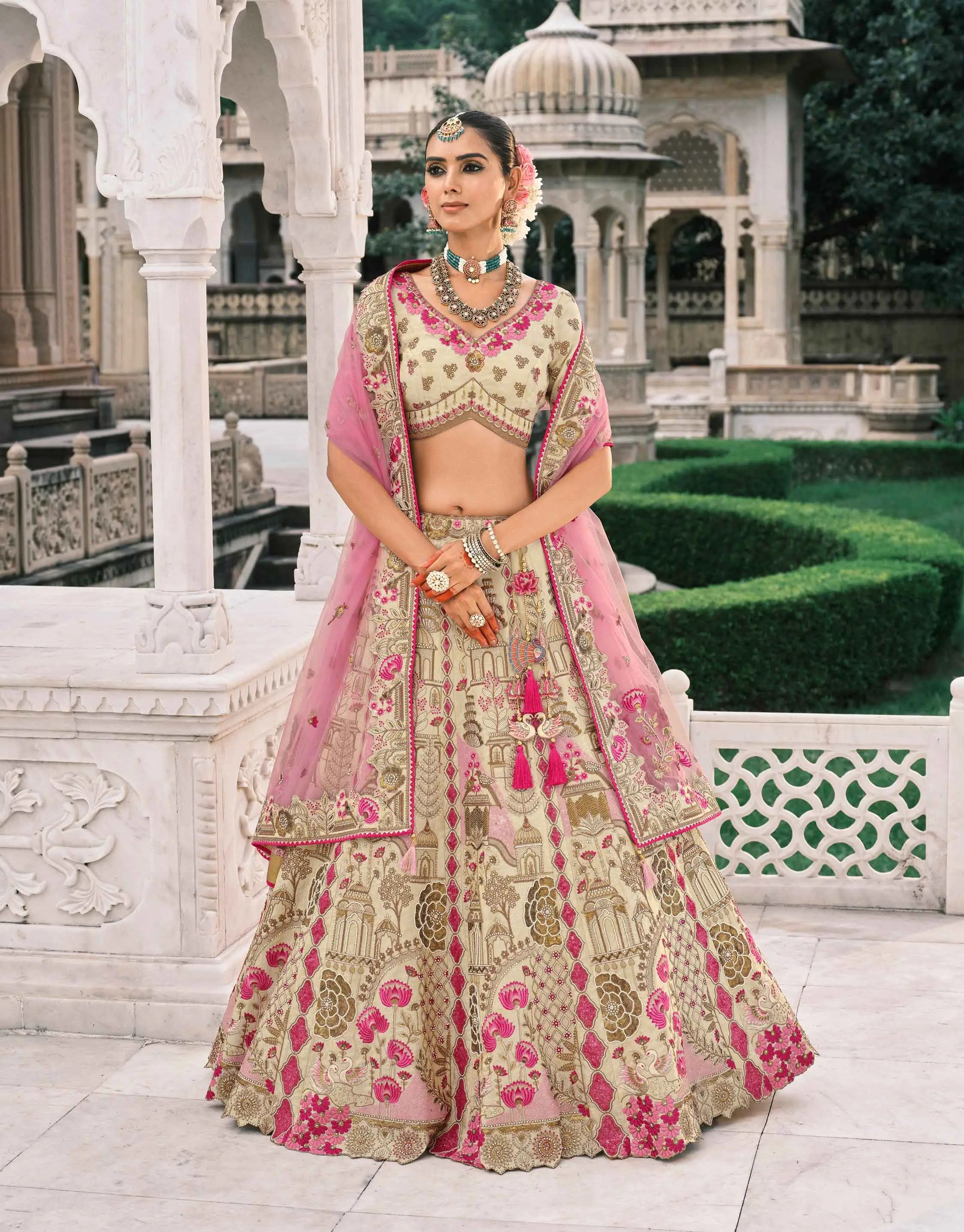 Designer Beige Bridal Lehenga With Stunning Embroidery - qivii