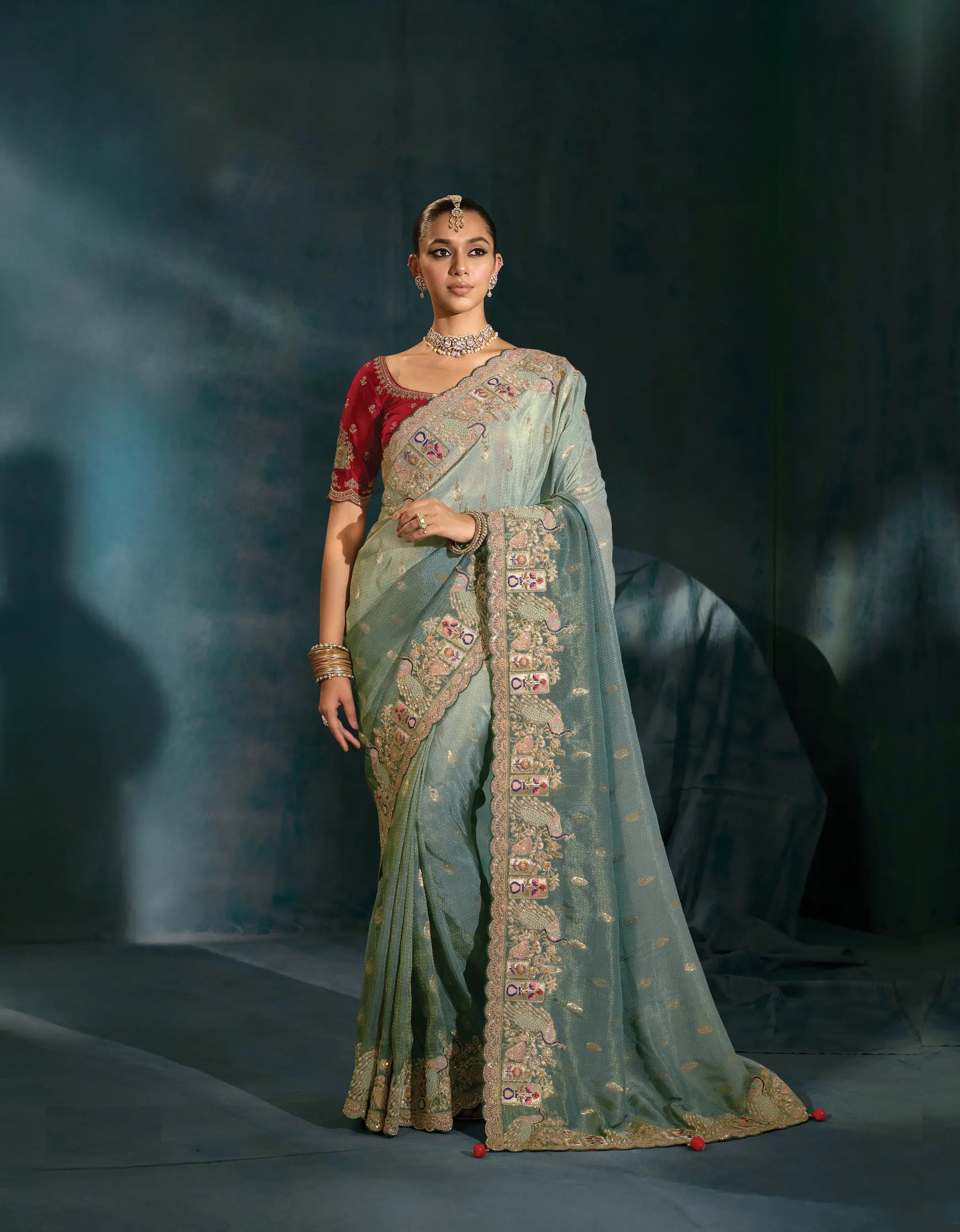Shaded Grey Heavy Embroidery & Hand Work Silk Saree - qivii