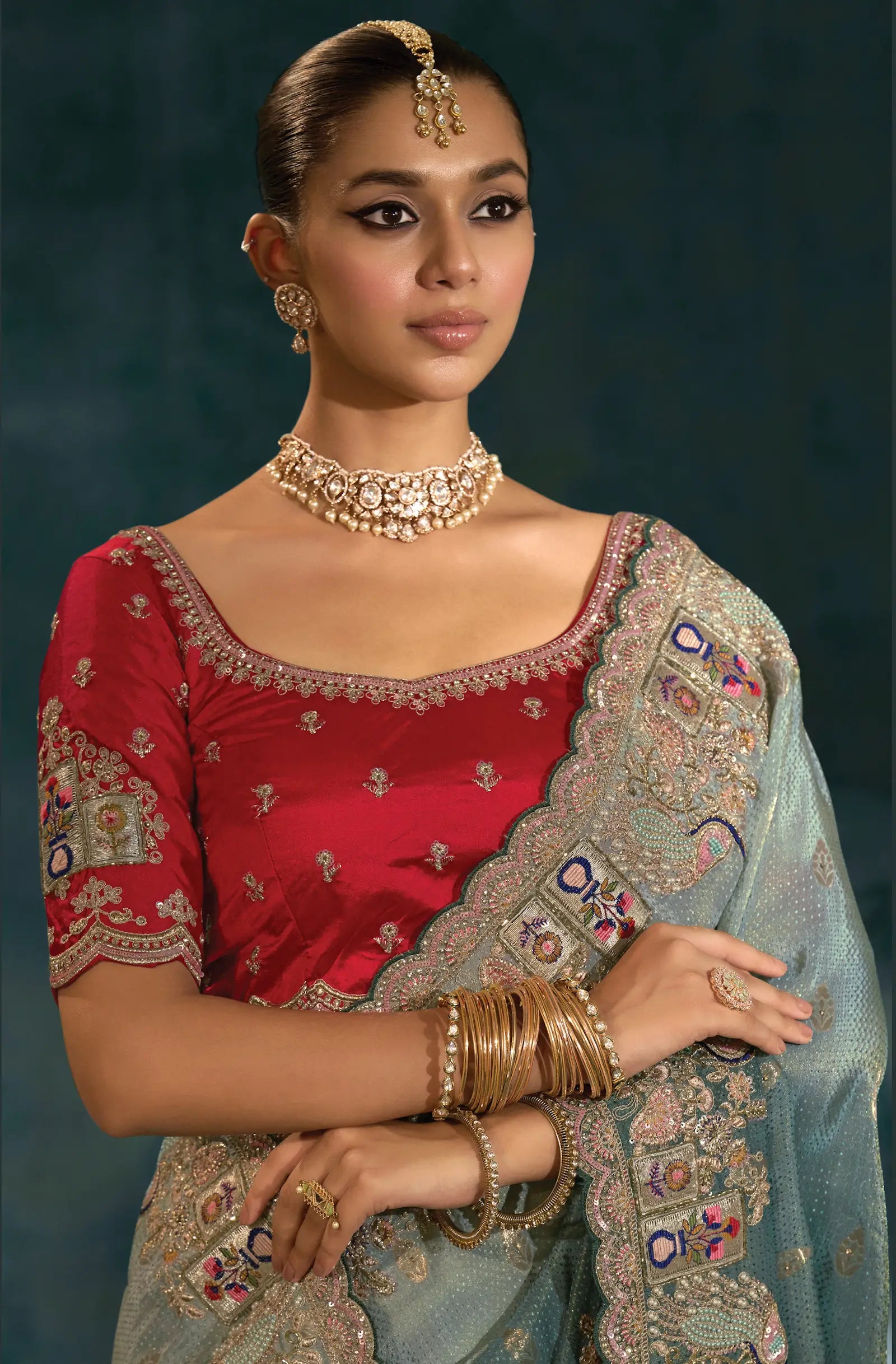 Shaded Grey Heavy Embroidery & Hand Work Silk Saree - qivii