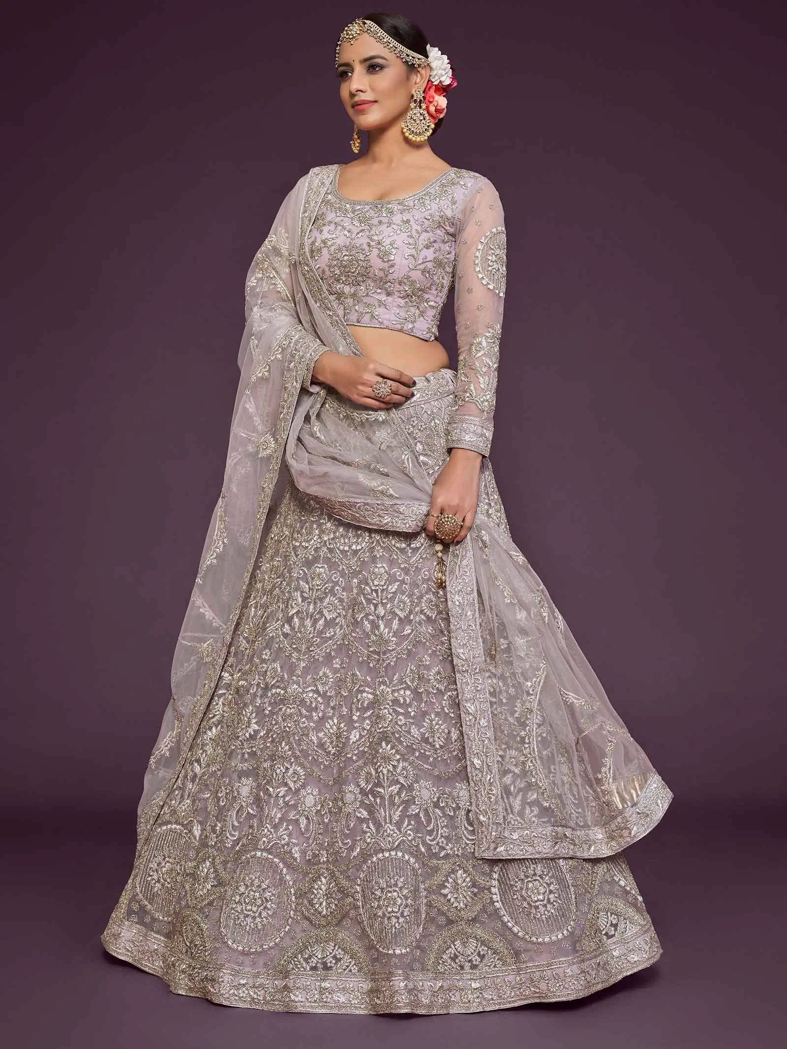 Dusky Orchid Soft Thread Zari Badla And Glitter Dori Embroidery Work Soft Net Lehenga Choli | Ready To Wear - qivii