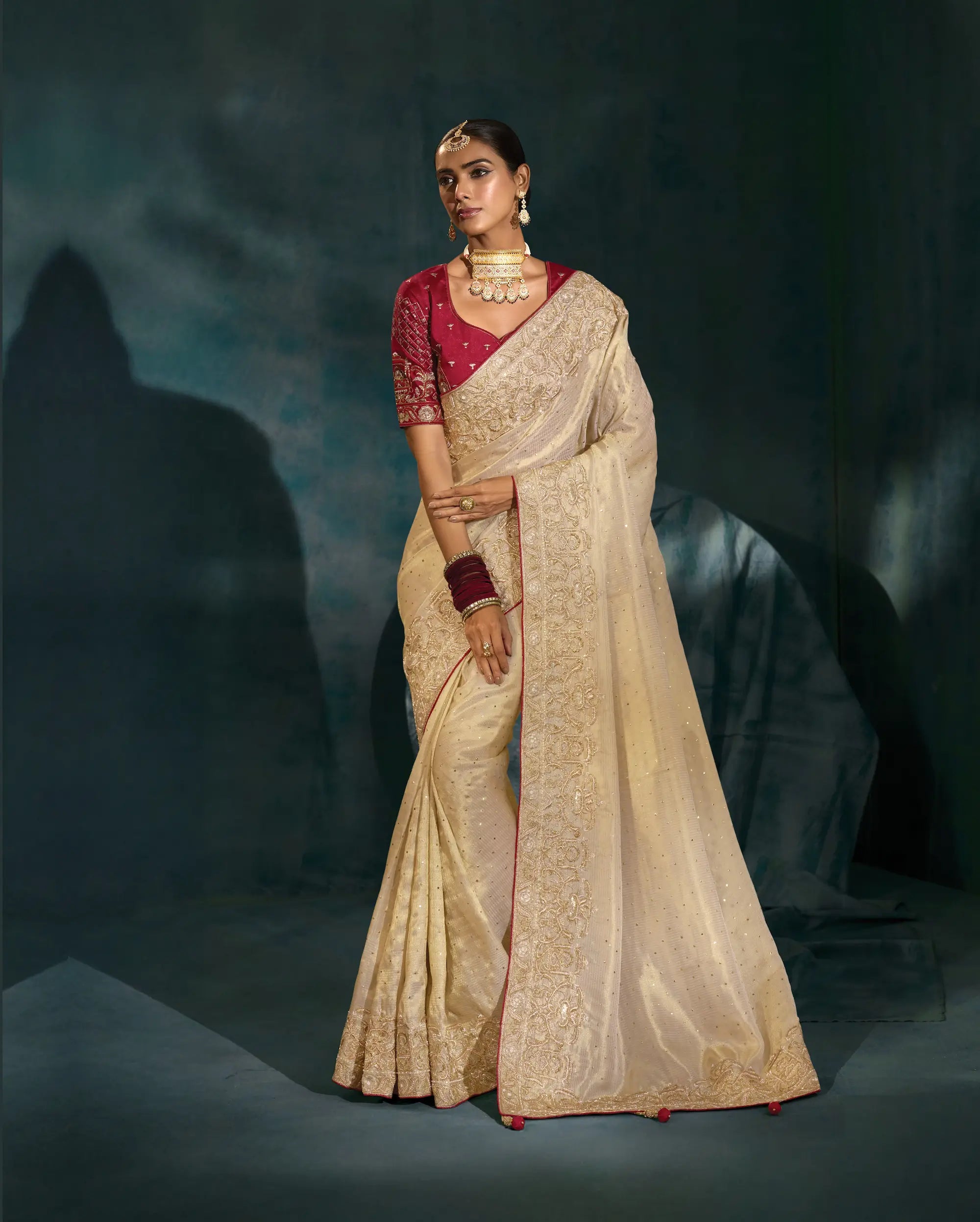 Beige Heavy Embroidery & Hand Work Silk Saree - qivii
