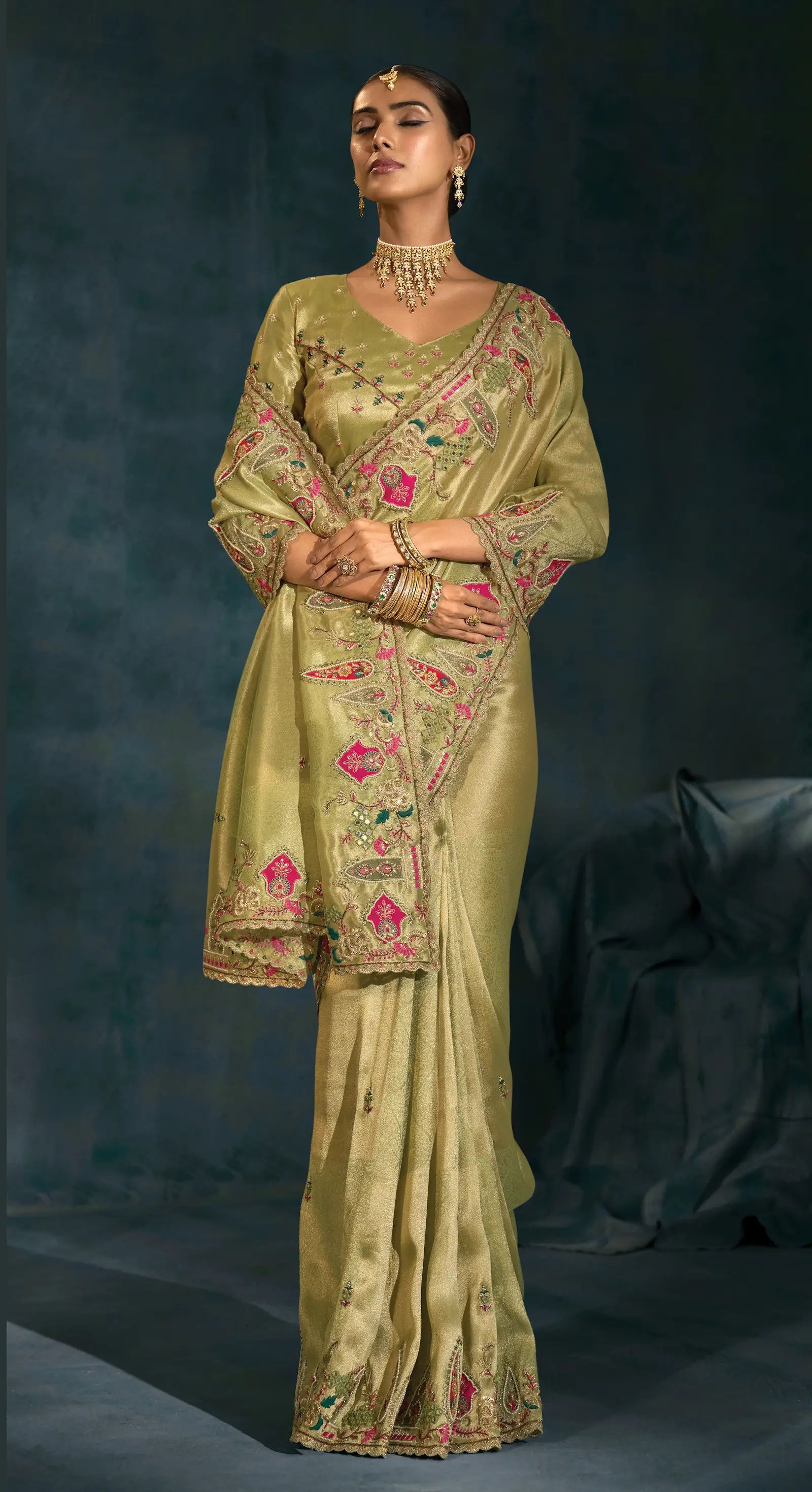 Parrot Green Heavy Embroidery & Hand Work Silk Saree - qivii