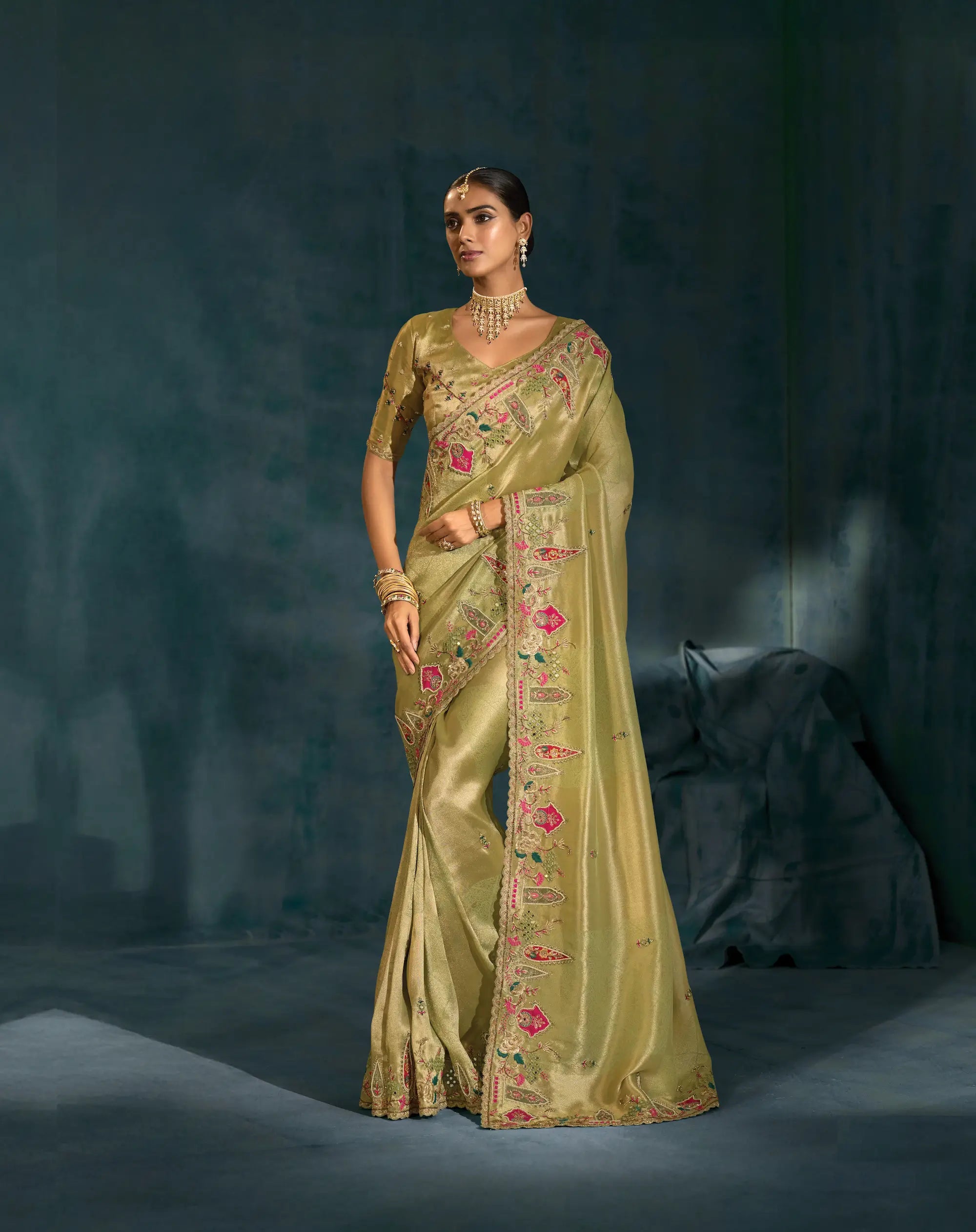Parrot Green Heavy Embroidery & Hand Work Silk Saree - qivii