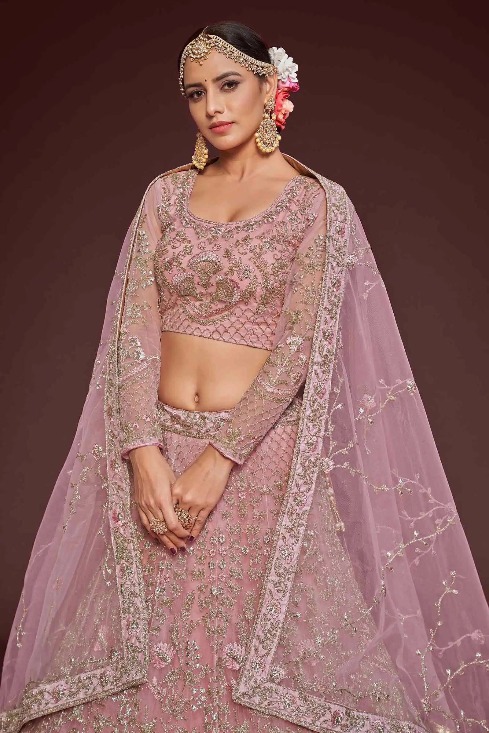Pearl Pink Soft Net Lehenga With Thread Zari Badla And Glitter Dori Embroidery Work | Ready To Wear - qivii