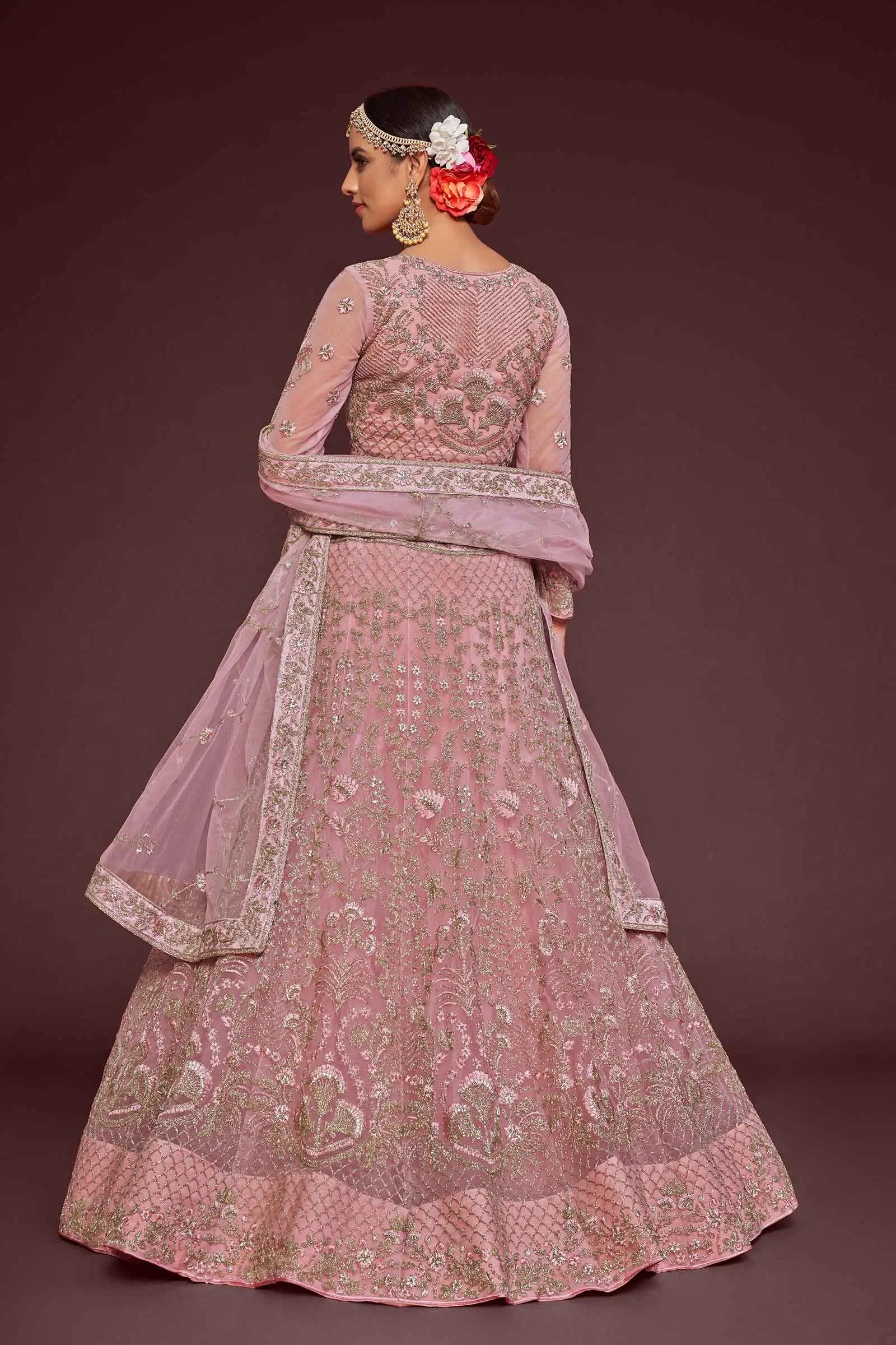 Pearl Pink Soft Net Lehenga With Thread Zari Badla And Glitter Dori Embroidery Work | Ready To Wear - qivii