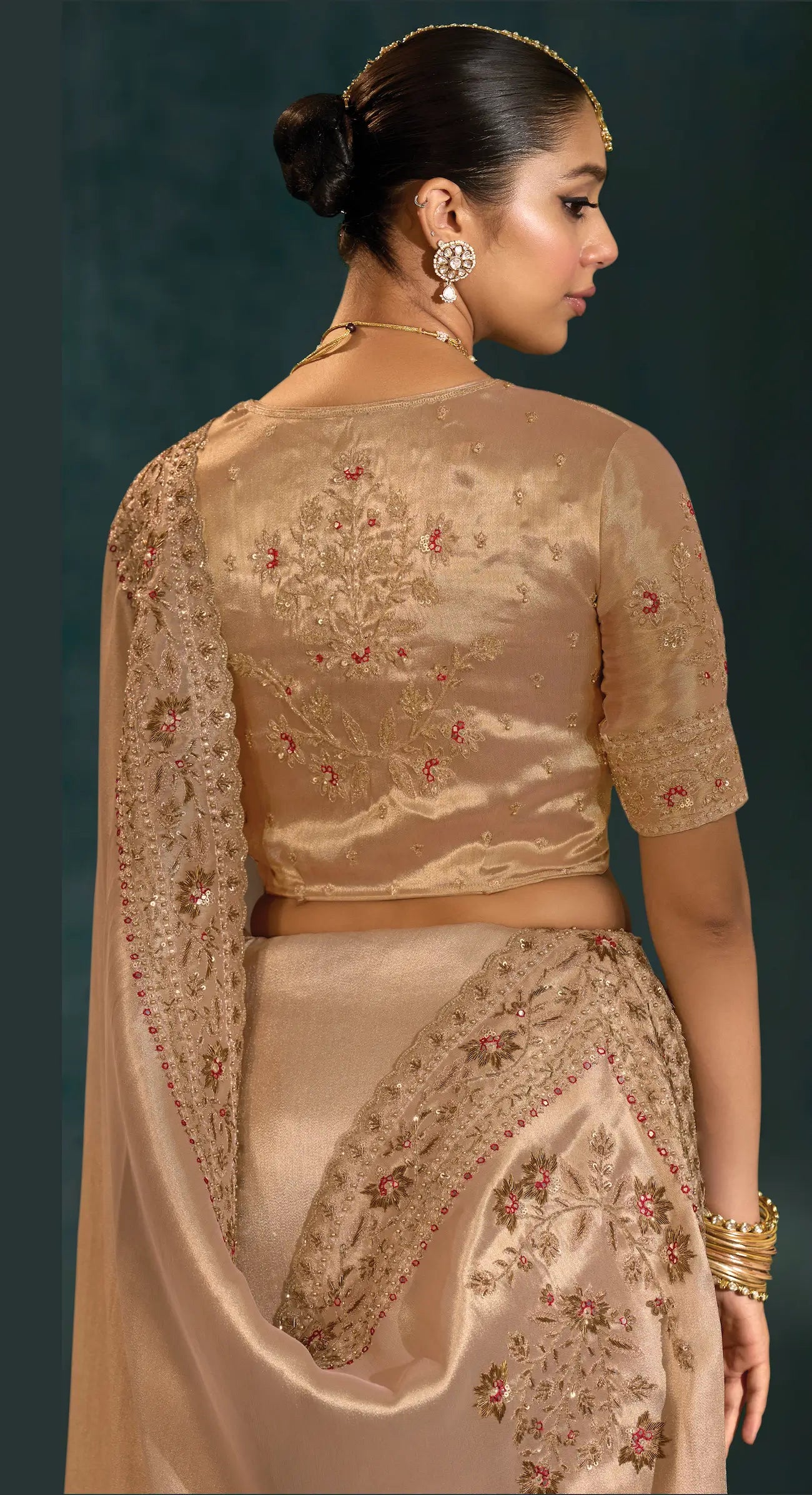 Golden Heavy Embroidery & Hand Work Silk Saree - qivii