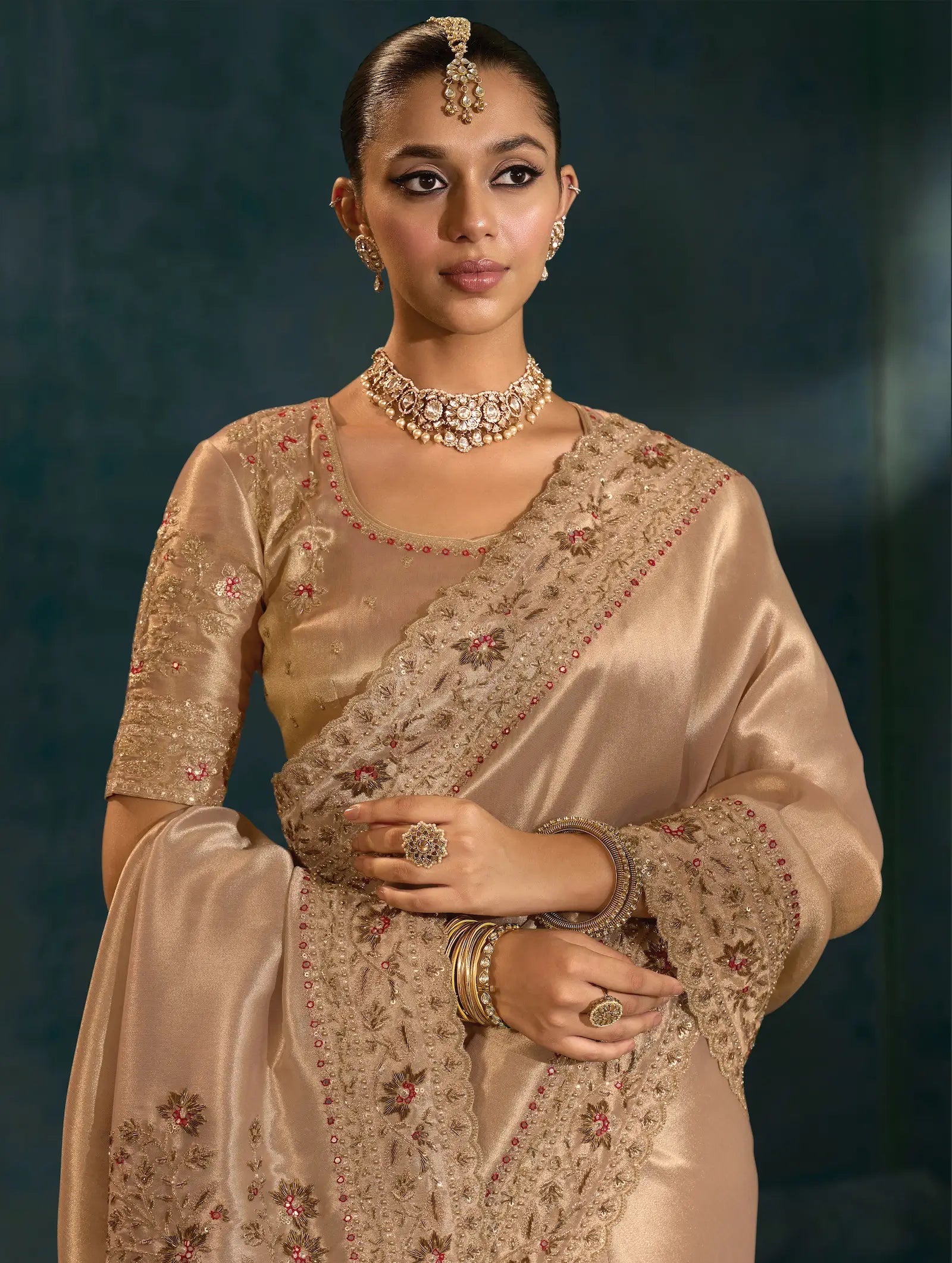 Golden Heavy Embroidery & Hand Work Silk Saree - qivii