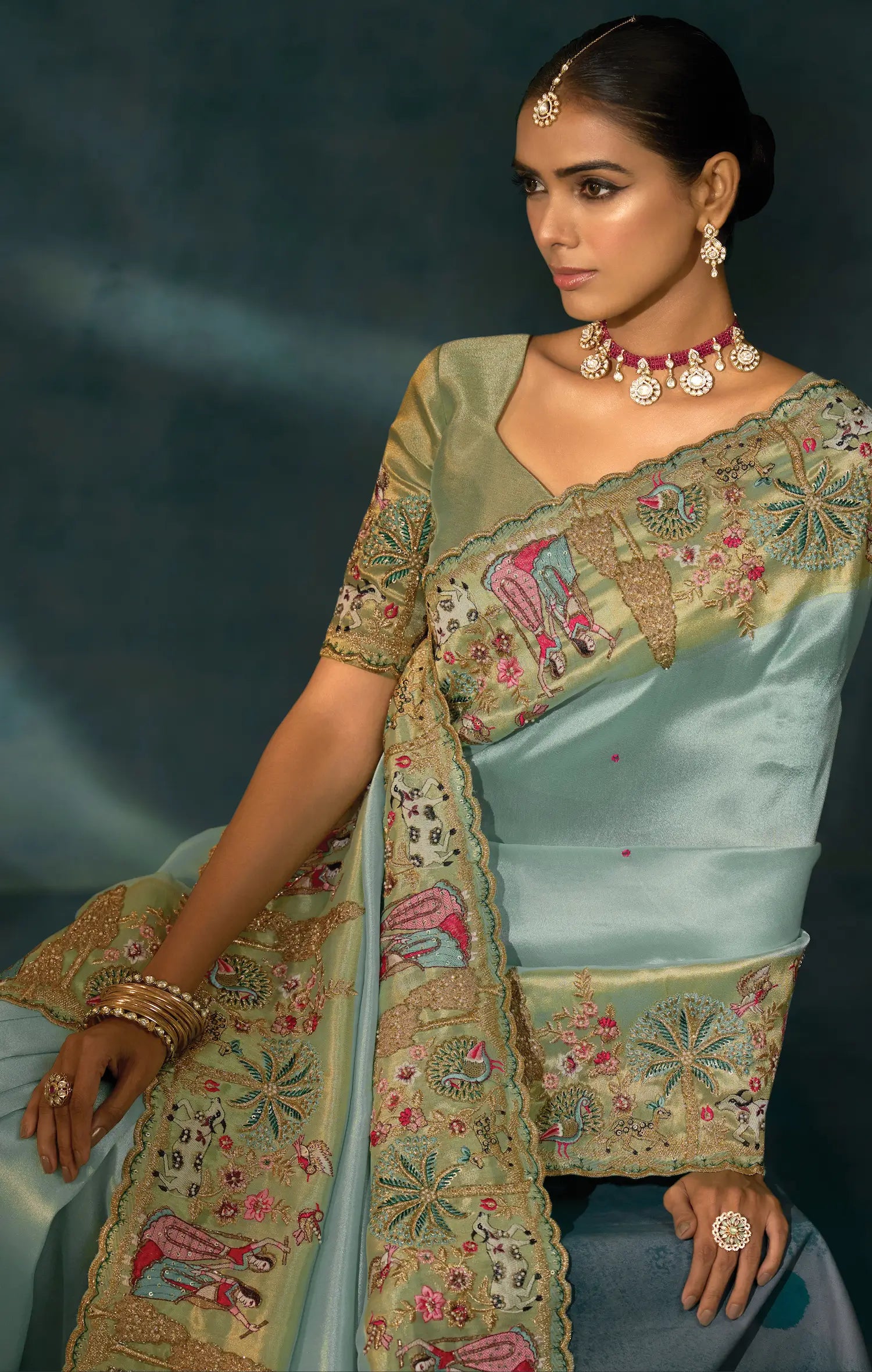 Sea Blue Heavy Embroidery & Hand Work Silk Saree - qivii