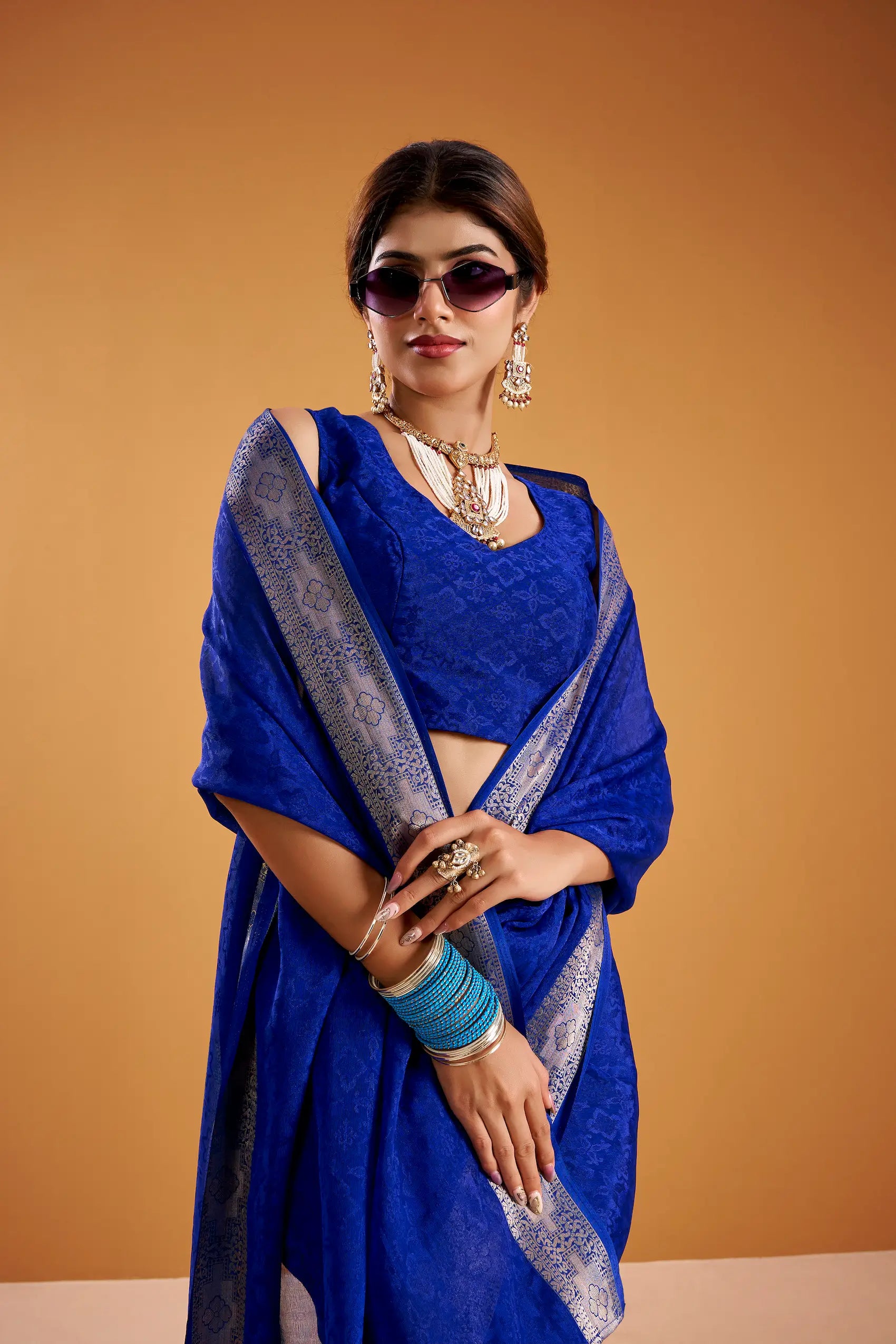 Royal Blue Poly Shimmer Zari Weaving Saree