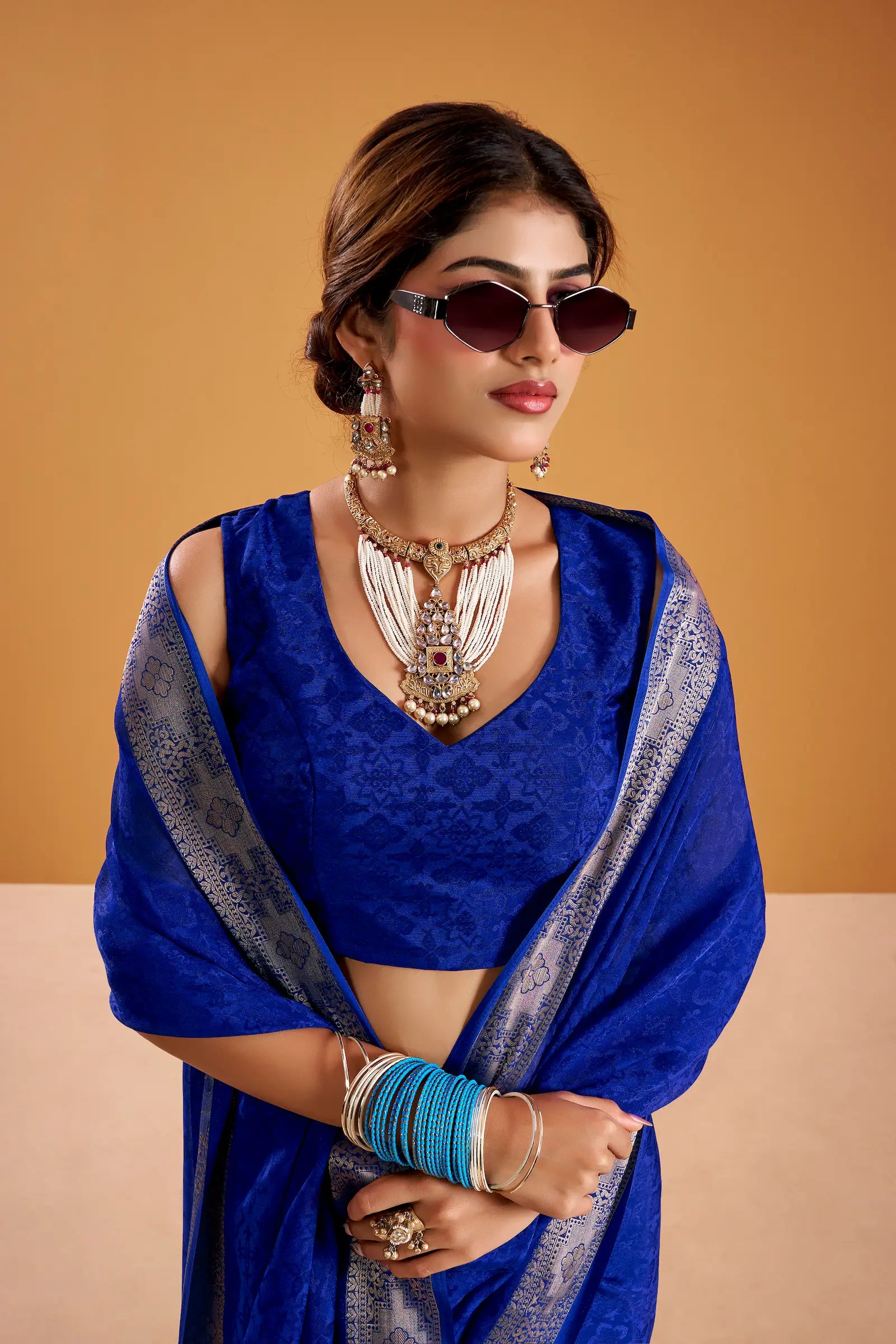 Royal Blue Poly Shimmer Zari Weaving Saree