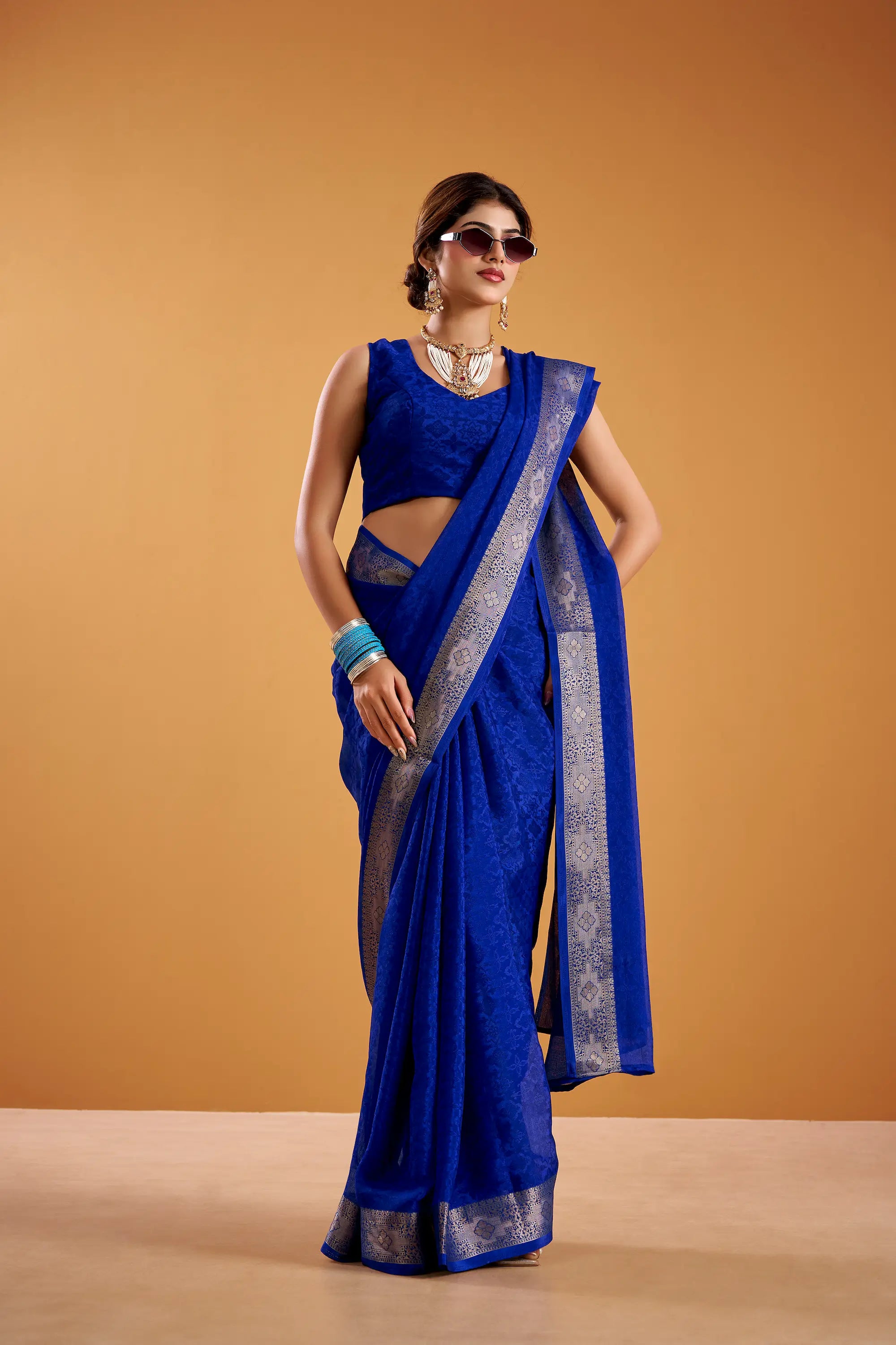 Royal Blue Poly Shimmer Zari Weaving Saree
