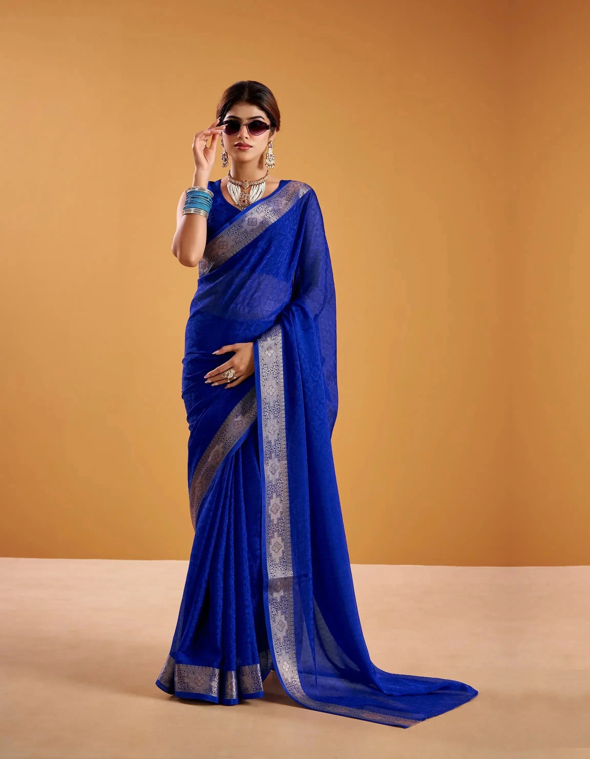 Royal Blue Poly Shimmer Zari Weaving Saree