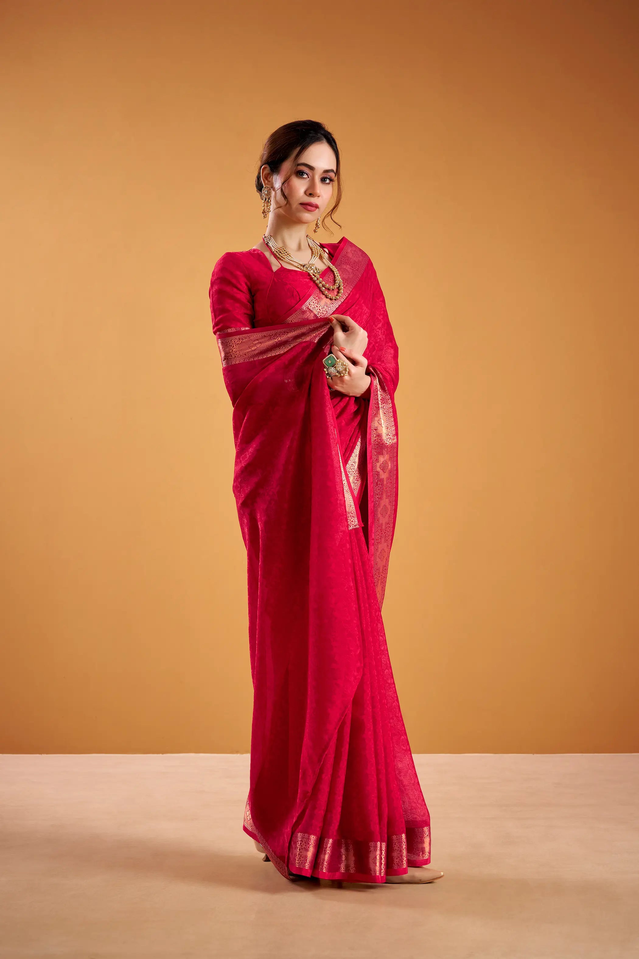 Rose Red Poly Shimmer Zari Weaving Saree