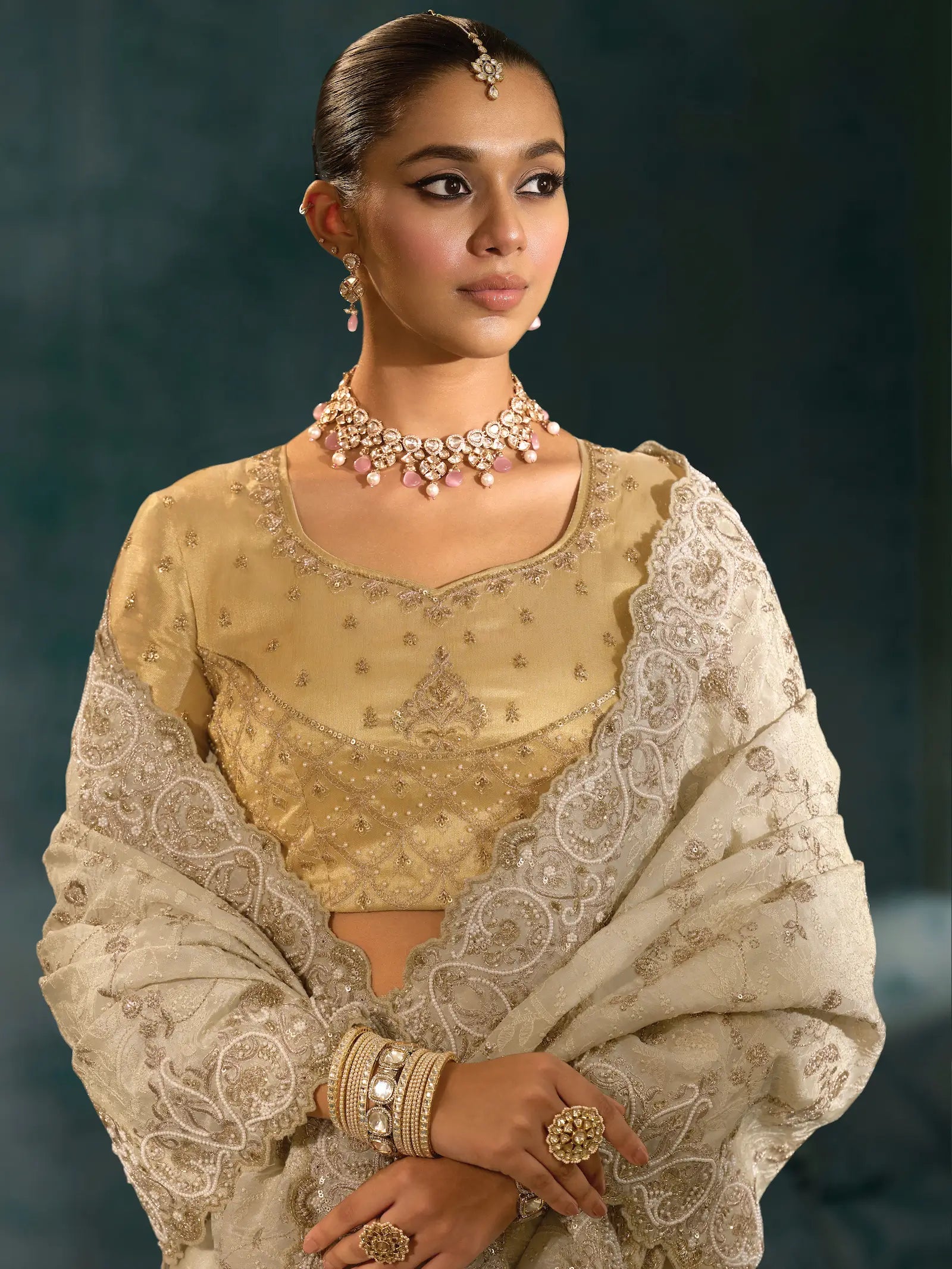 Almond Beige Heavy Embroidery & Hand Work Silk Saree - qivii