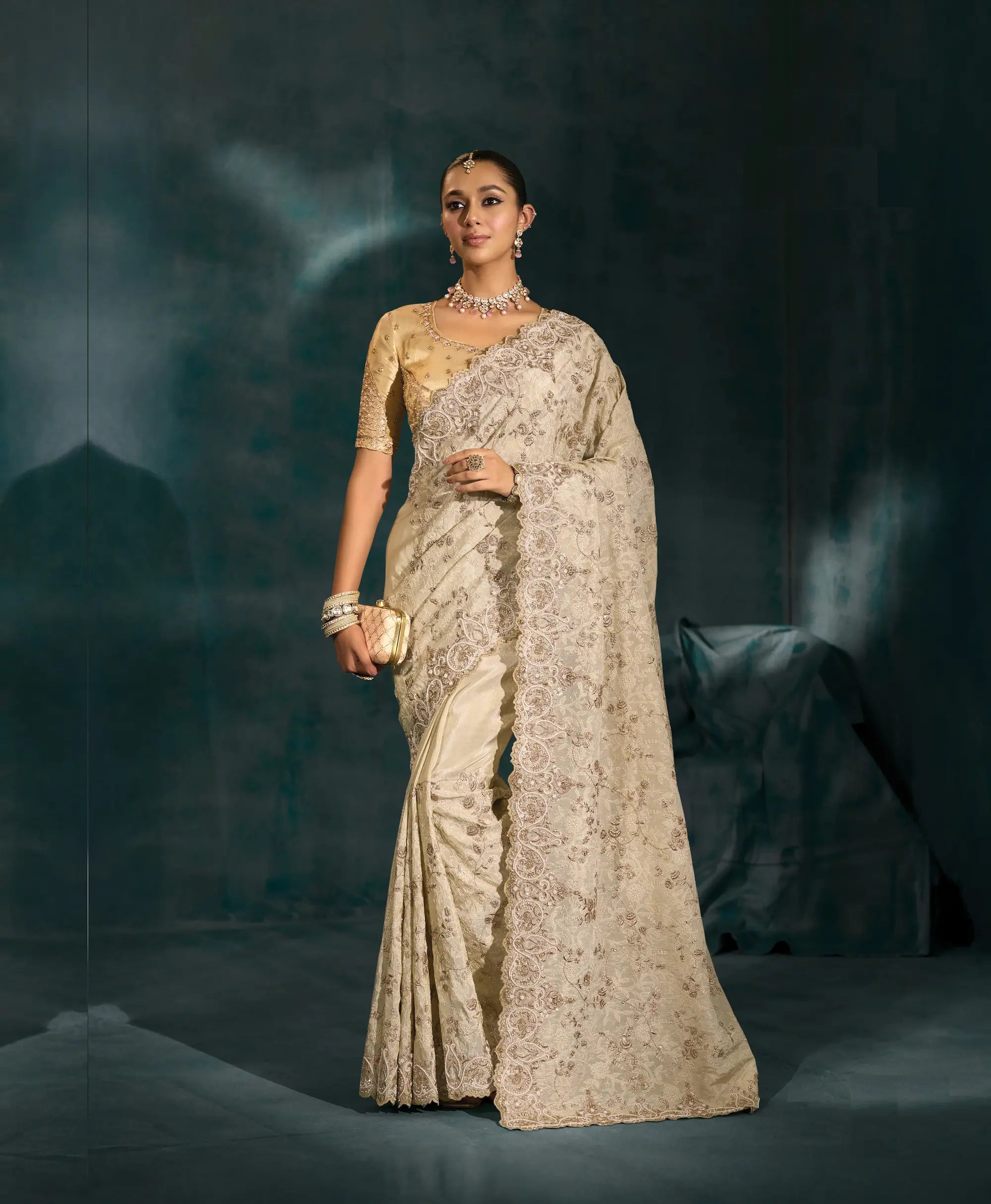Almond Beige Heavy Embroidery & Hand Work Silk Saree - qivii