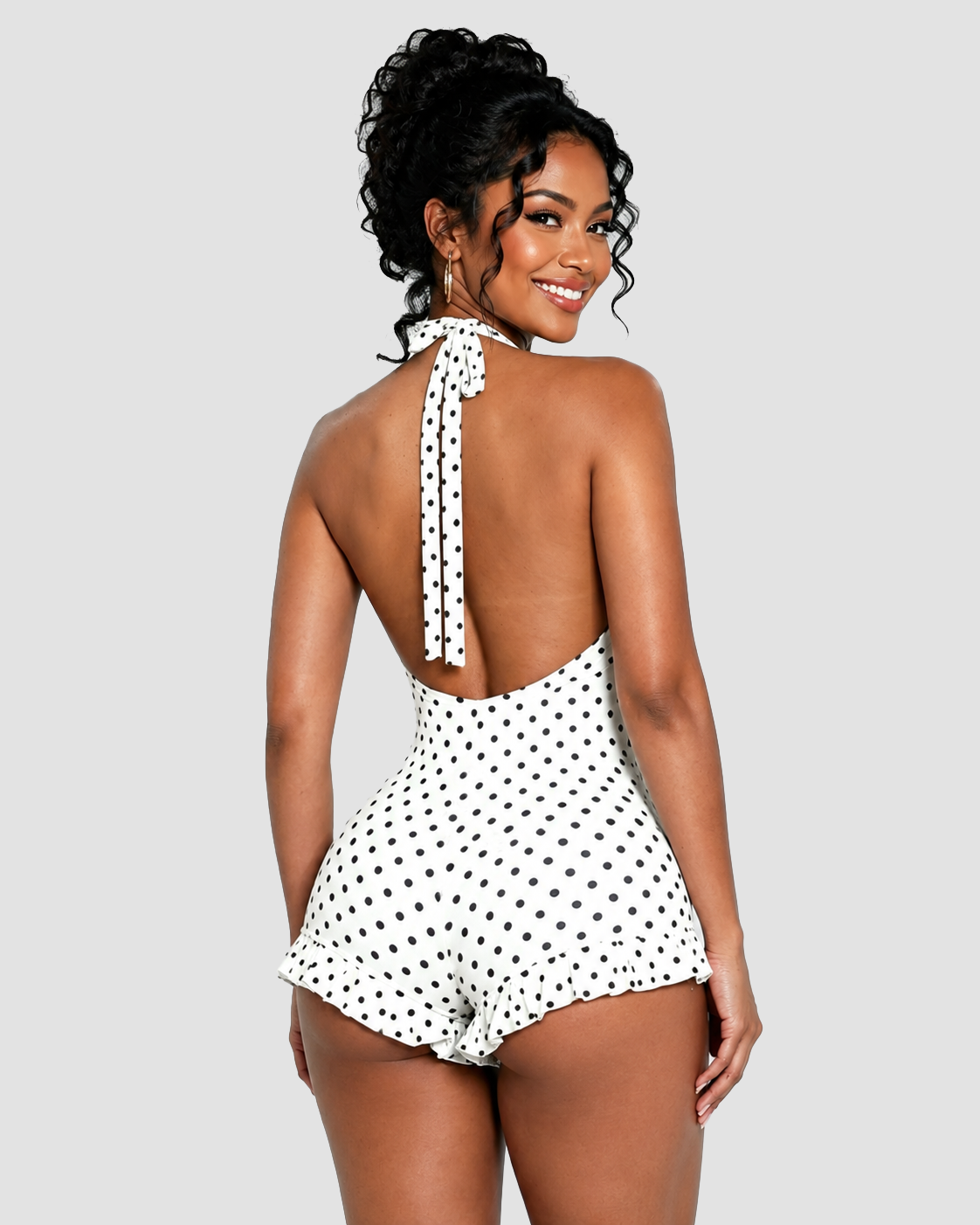 Polka Dot Halter Neck Ruffle Hem Romper - By Qivii