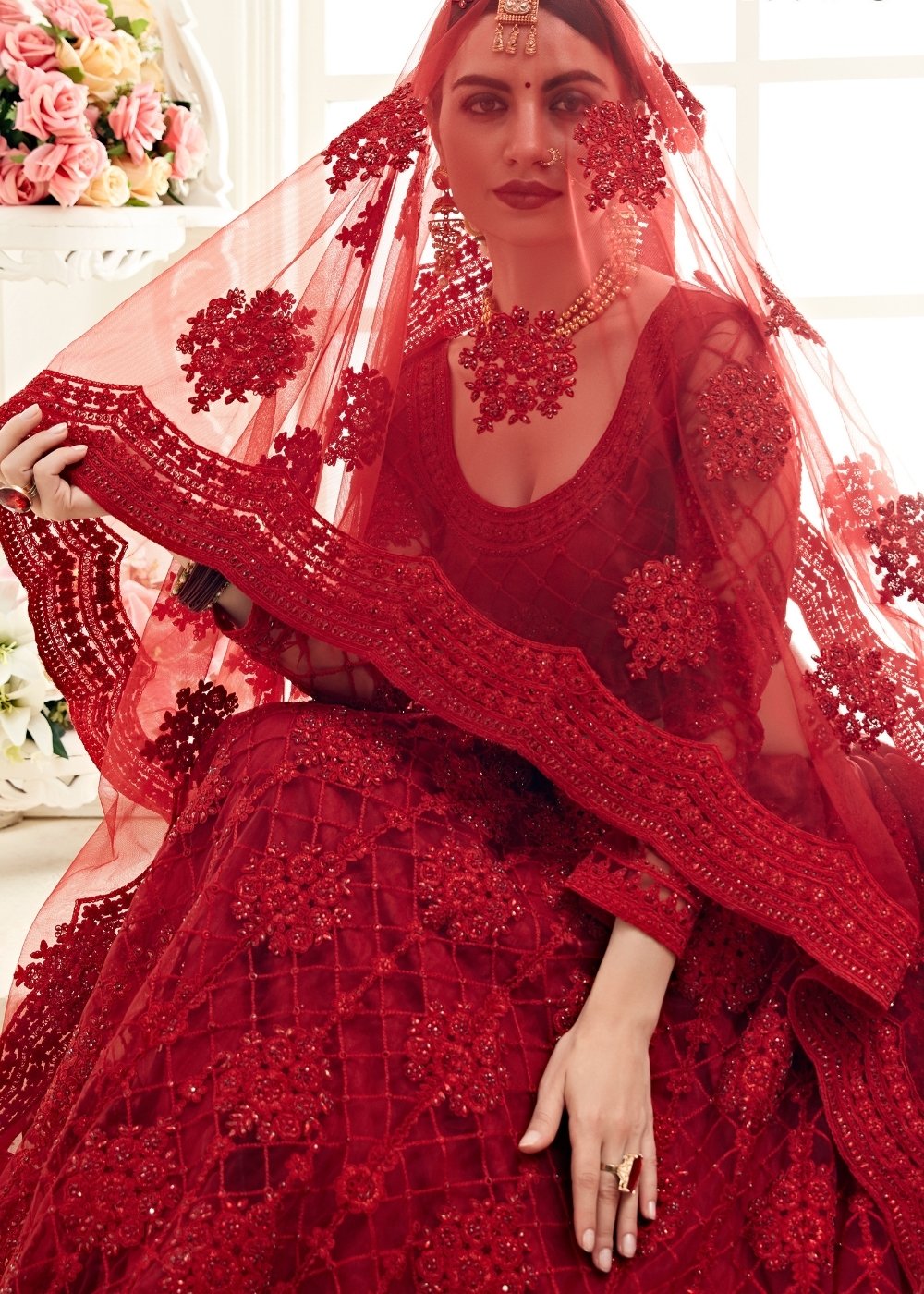 Chilli Red Soft Net Lehenga Choli with Cording Embroidery & Stonework | Ready To Wear - qivii