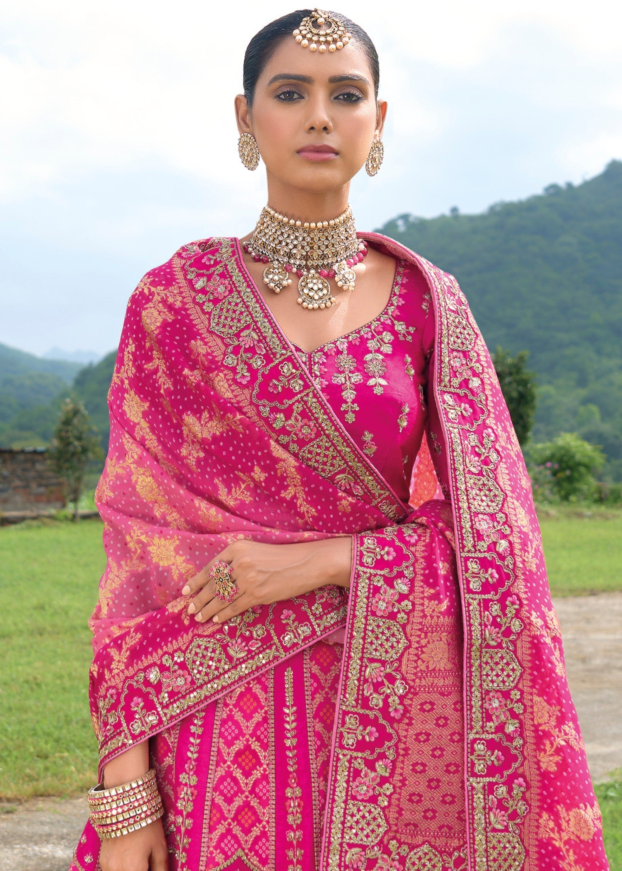 Rani Pink Banarasi Silk Lehenga With Heavy Embroidery Work - qivii