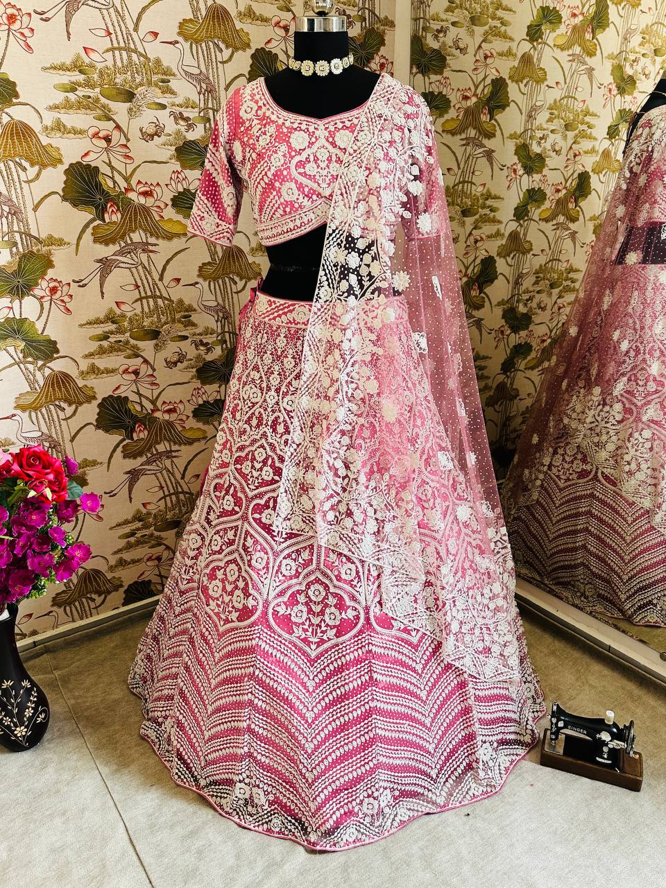 PINK HEAVY NET DESIGNER PURE BITTS PEARL DESIGN WORK LEHENGA - INSPIRED | Ready To Wear - qivii