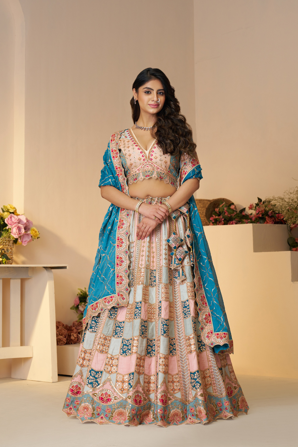 Powder Blue Jaal Print Lehenga with Sequin & Aari Work - qivii