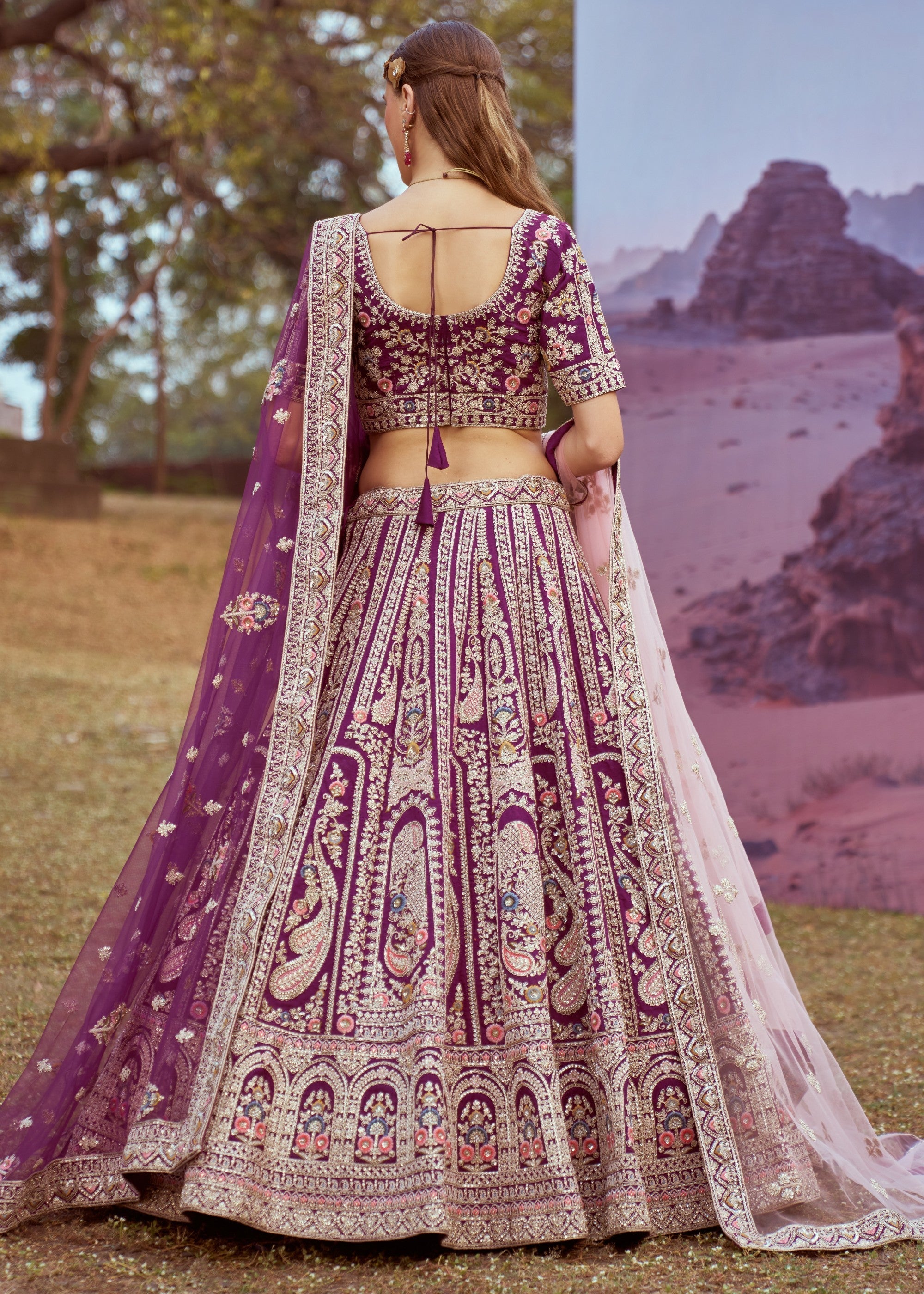 Purple Pure Silk Moti Coding Embroidery Bridal Lehenga | Ready To Wear - qivii