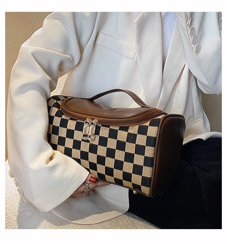 Women's Large Checkered Makeup Organizer – Oversized Travel Toiletry Bag with Zippered Pockets & Detachable Strap | Waterproof Patchwork Cosmetic Case