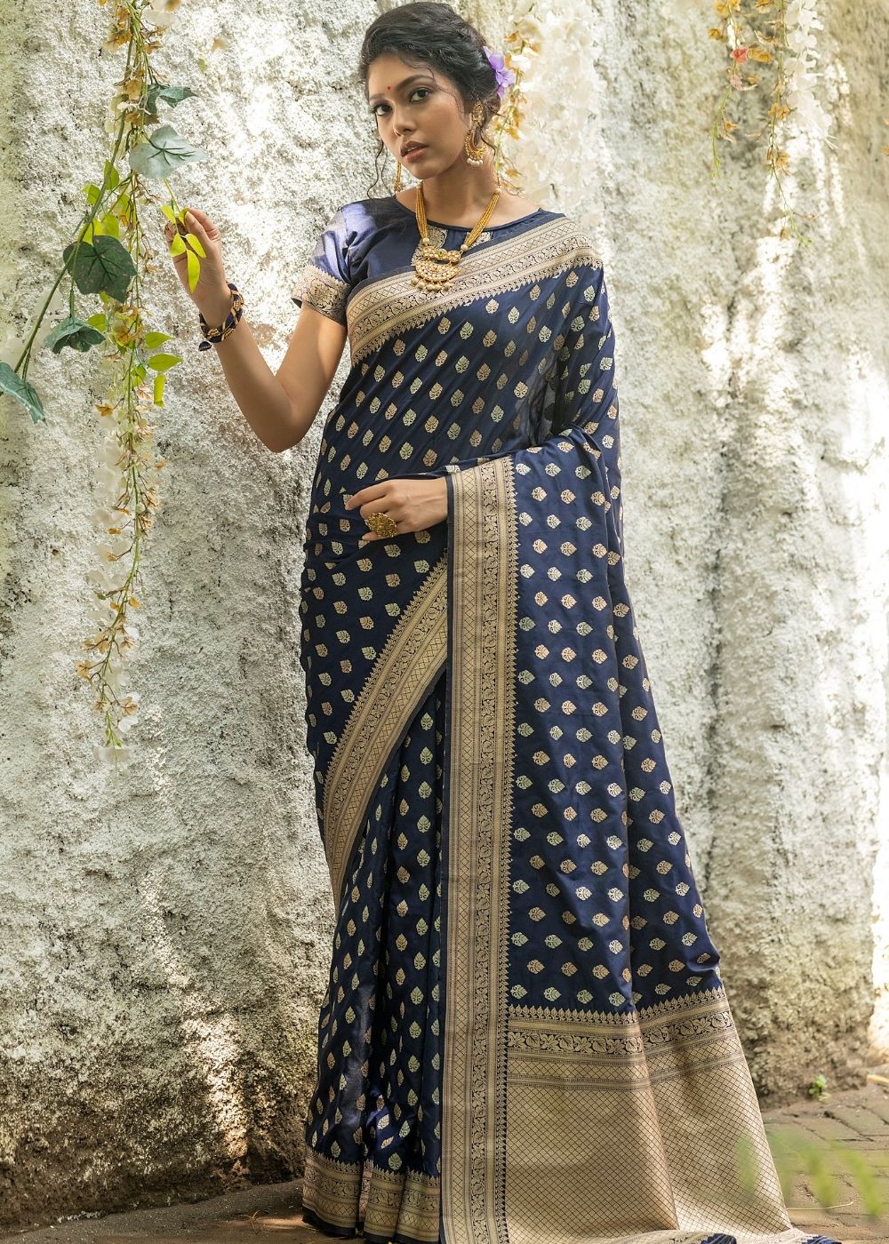 Denim Blue Soft Banarasi Silk Saree with overall Butti - qivii