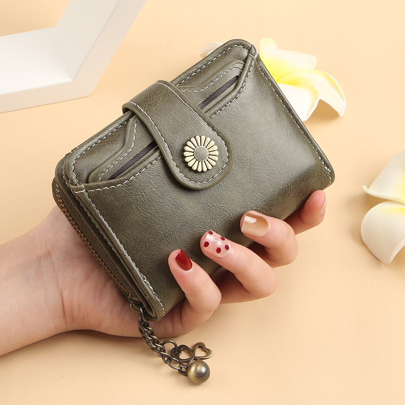 Women's Compact Waxed Leather Wallet – Zip Closure Organizer (Coin Purse, ID Slot & Card Holder)