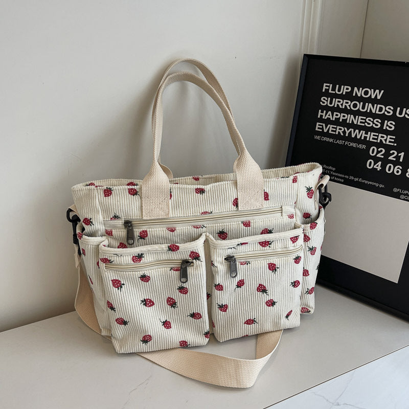 Women's Corduroy Cherry Print Tote Bag – Versatile Women's Strawberry Shoulder & Crossbody Large Capacity Mommy Bag