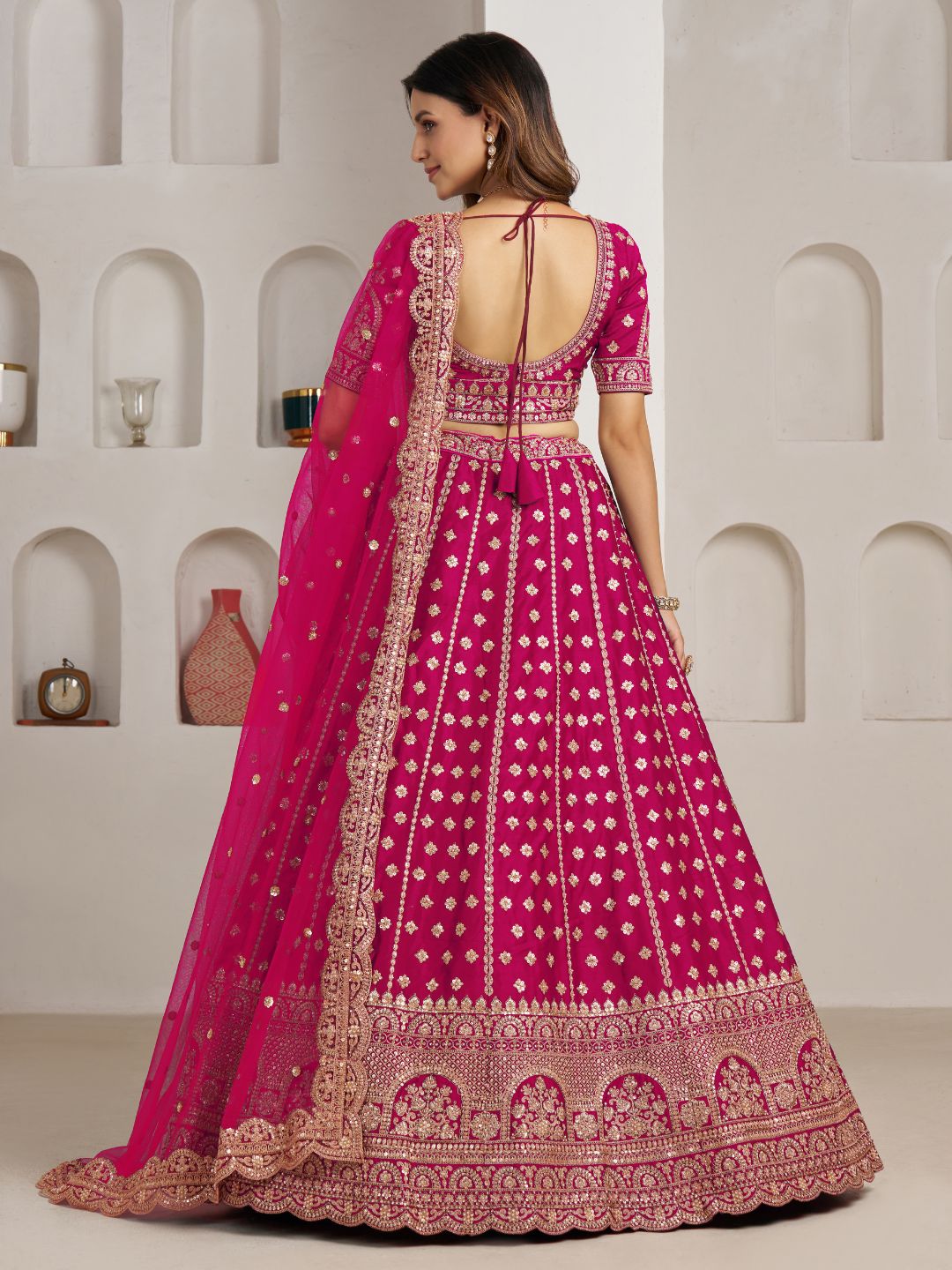 Elegant Rani Bridal Lehenga with Double Dupatta Styling