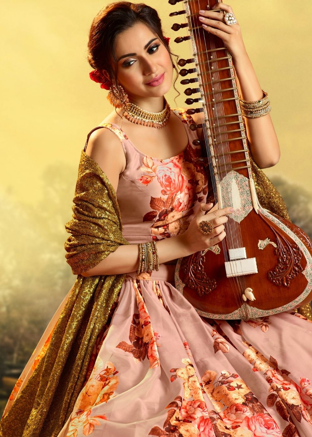 Coral Pink Organza Designer Printed Floral Lehenga Choli with Sequins and Zari work | Ready To Wear - qivii