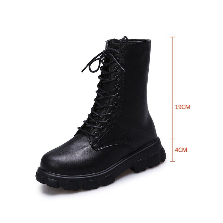 Chunky Platform Combat Boots - Lace-Up Mid Calf Boots with Side Zipper & Elastic Gore (US 4-10.5)