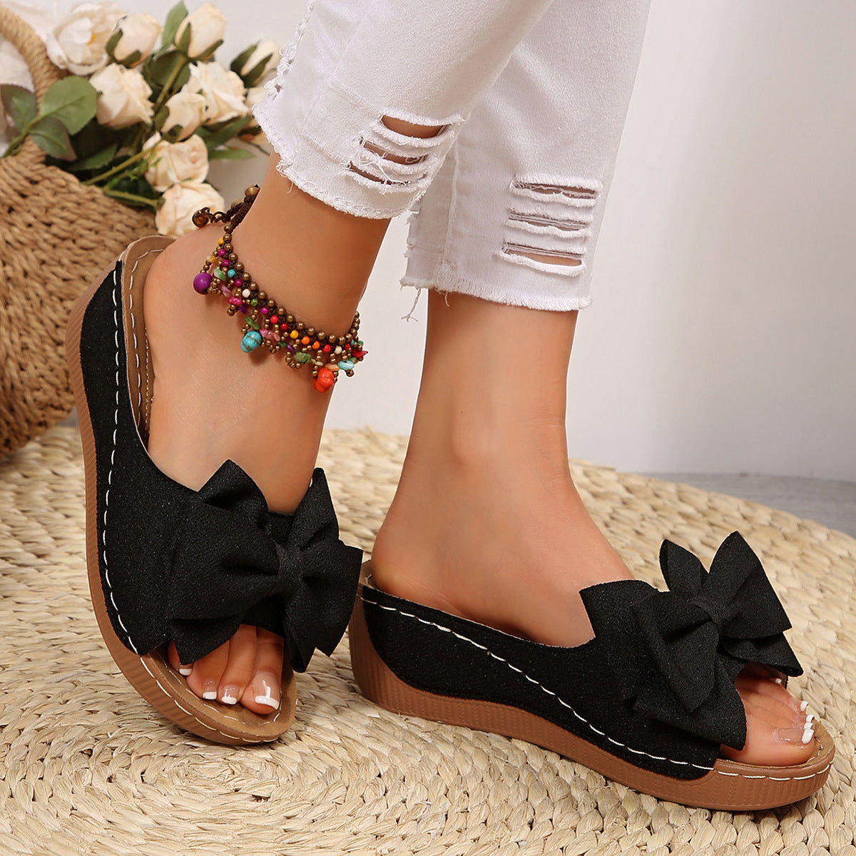 Women’s Liora Bow Flower Platform Wedge Slide Sandals – Peep-Toe Wide Strap Summer Slides (US 5–10.5)