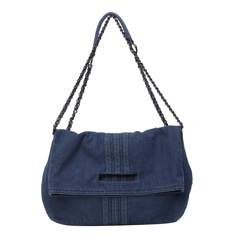 Women's Vintage Denim Tote Bag with Chain Strap – Structured Large-Capacity Crossbody & Shoulder Bag