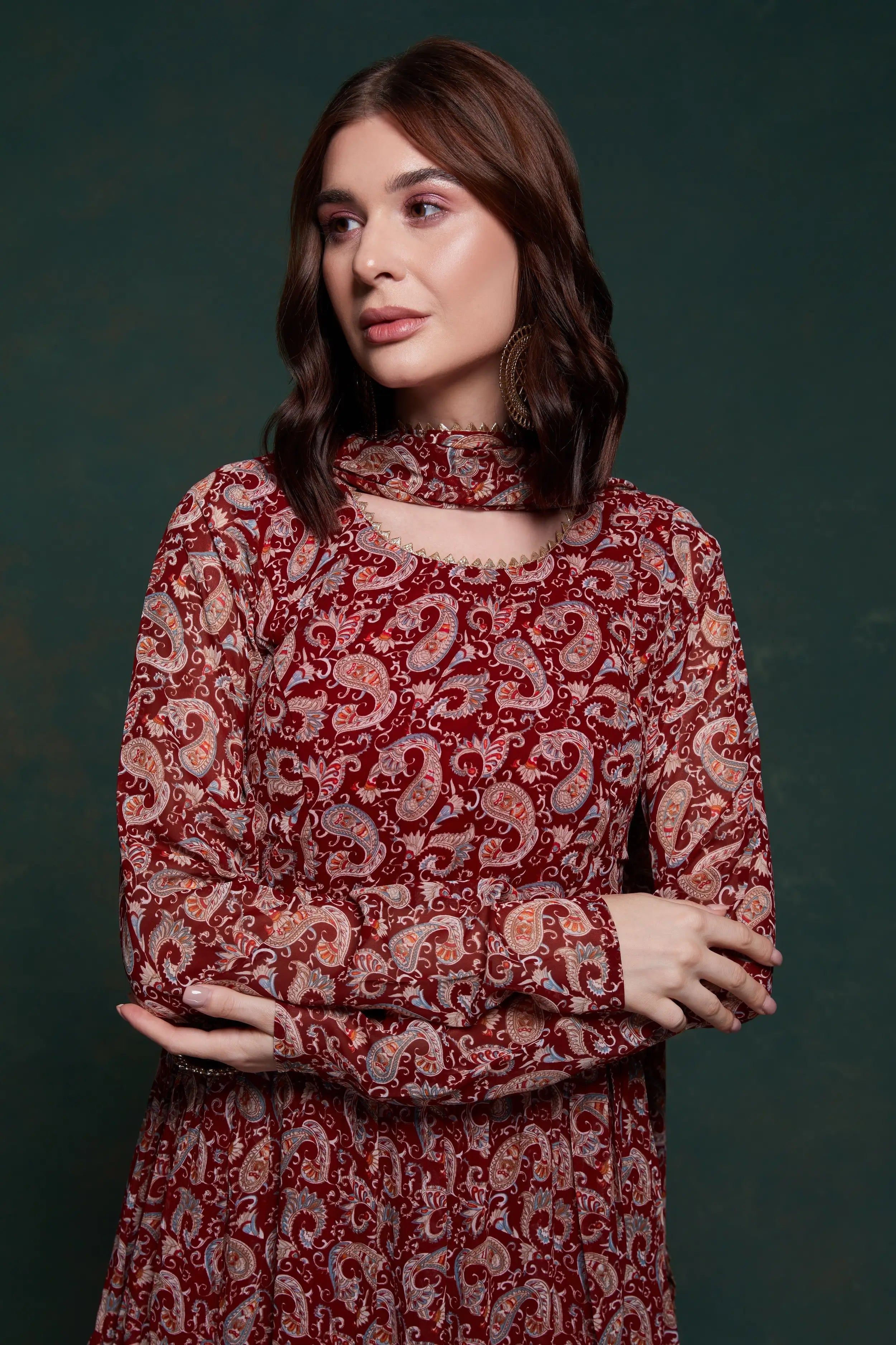 Maroon Printed Gown With Dupatta - qivii