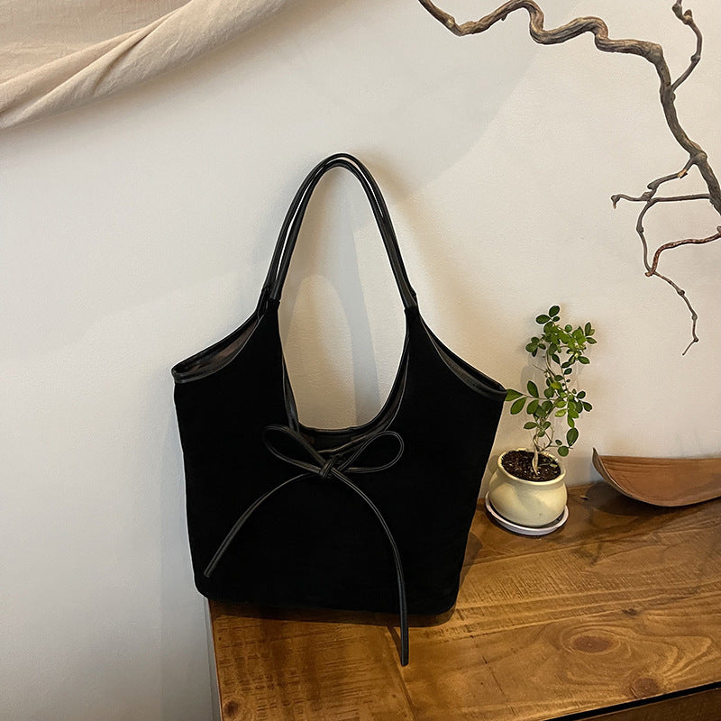 Women's Vintage Matte Tote Bag – Oversized Bow-Accent Shoulder Bag with Crossbody Strap